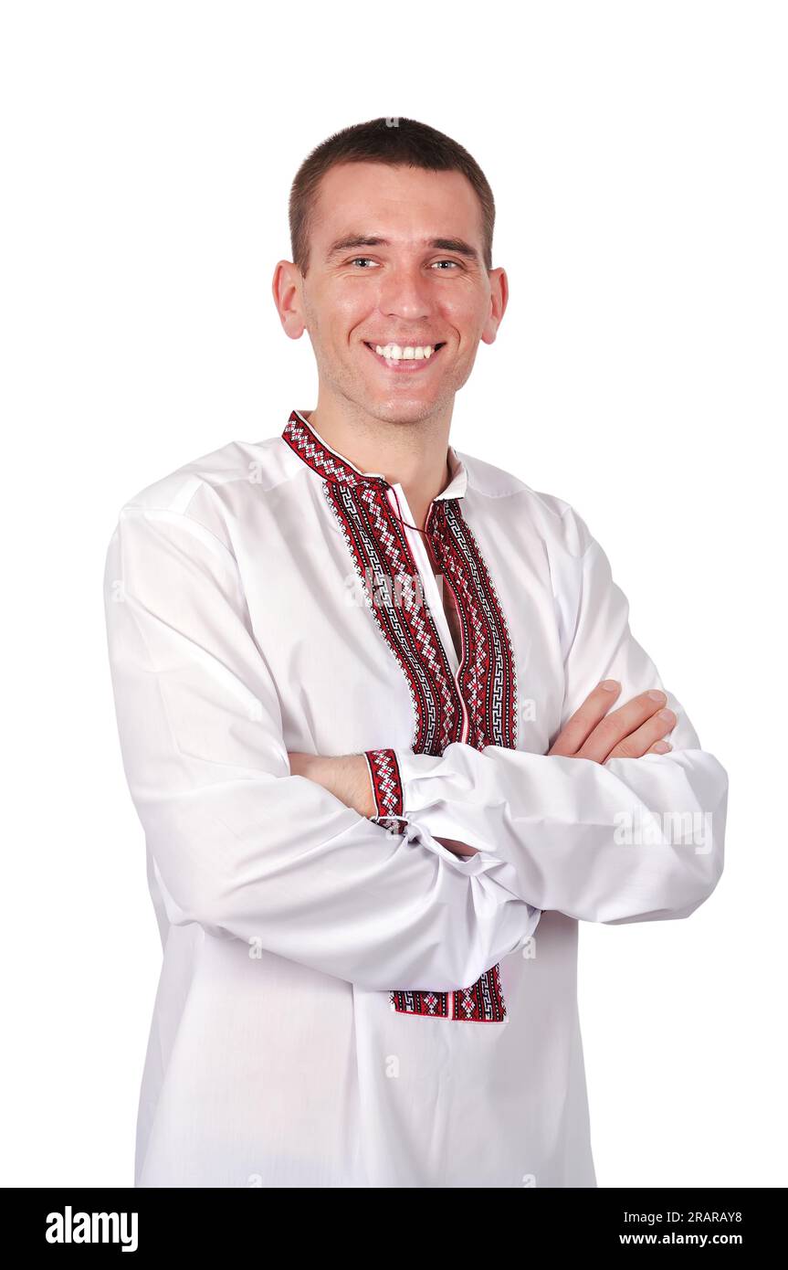 Happy Guy in camicia ricamata Ucraina su sfondo bianco Foto Stock