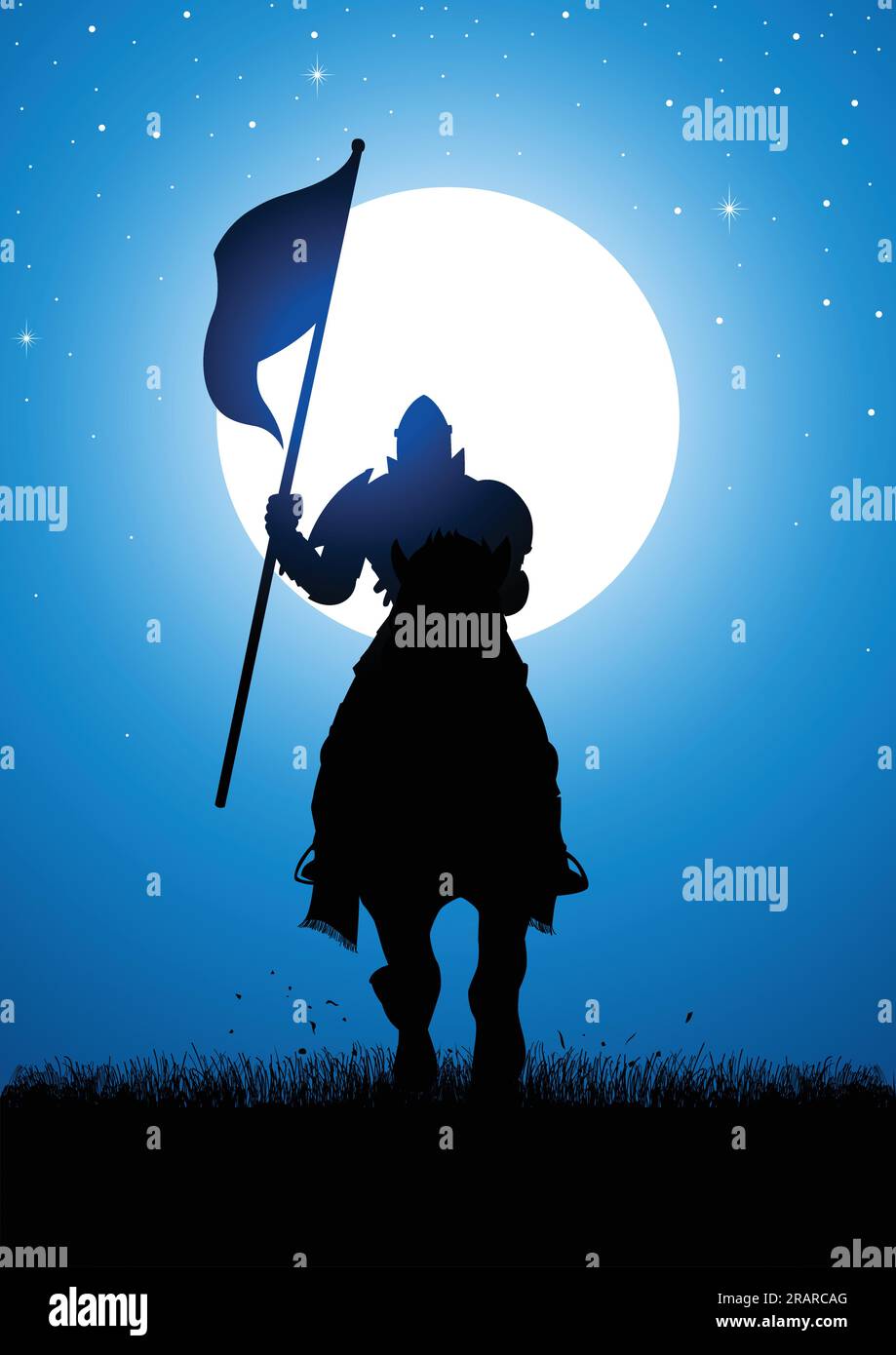 Illustrazione della silhouette di un cavaliere che porta una bandiera di notte durante la luna piena Illustrazione Vettoriale