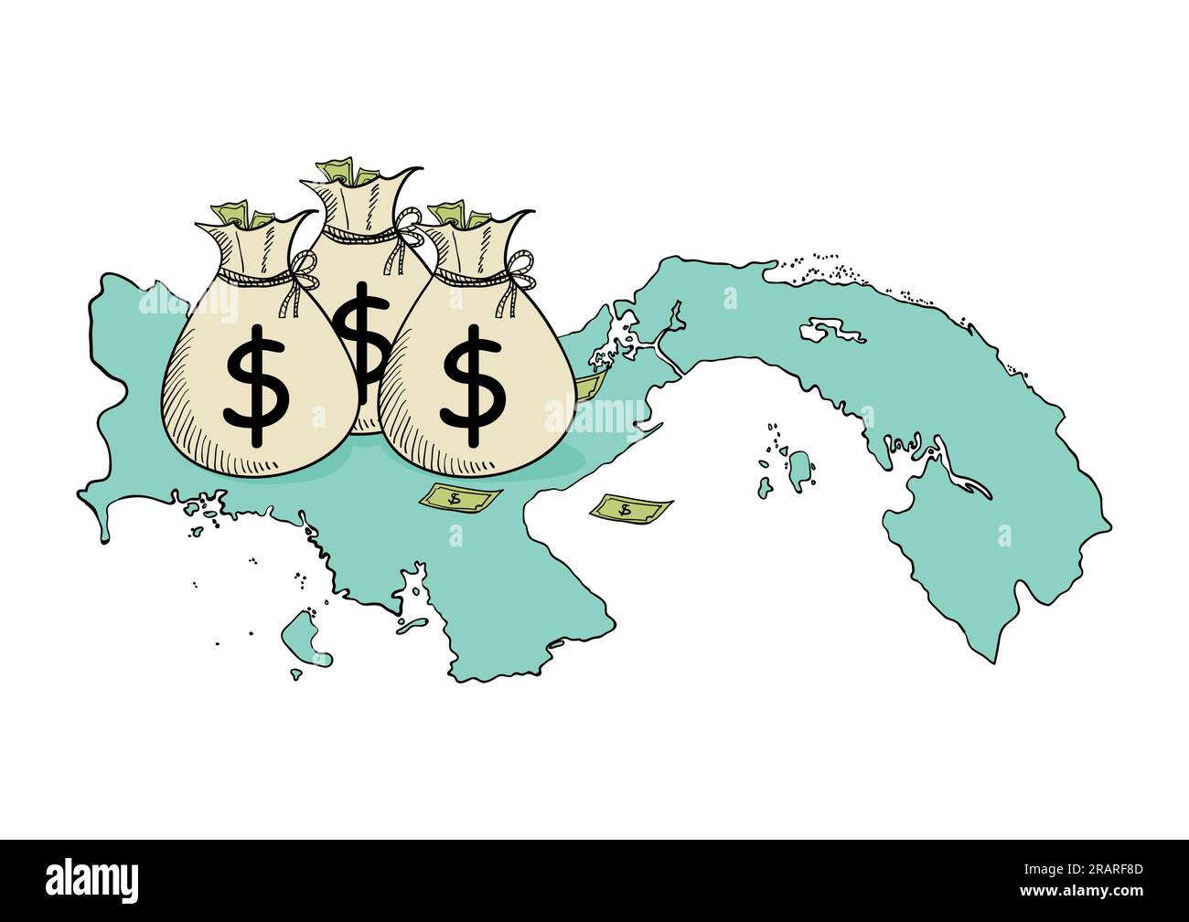 Illustrazione di schizzo dei sacchetti di denaro sulla mappa di Panama Illustrazione Vettoriale