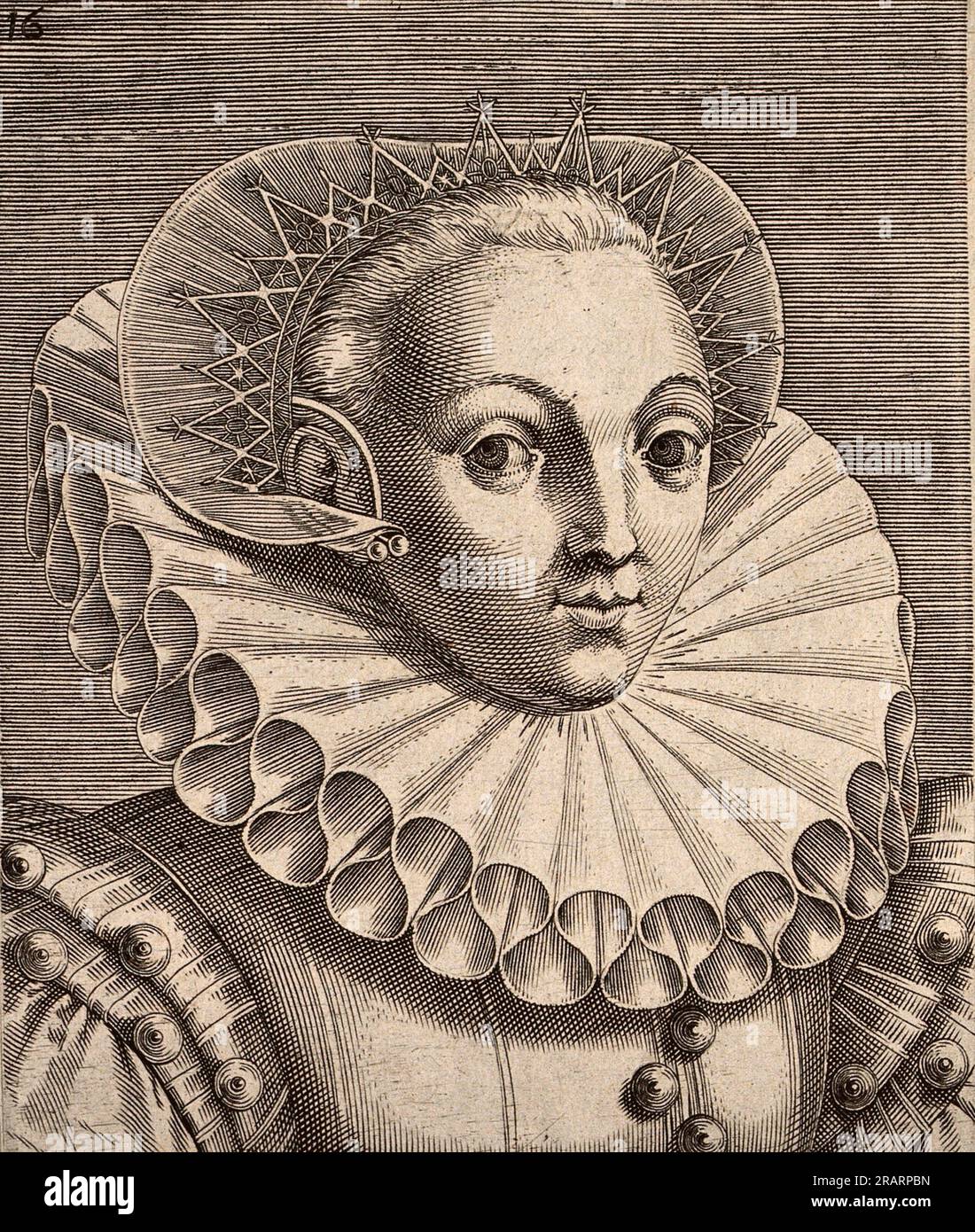 La testa e le spalle di una donna che guarda a sinistra che porta i capelli pettinati indietro e un ornamento della testa; inoltre indossa un'alta ruff. Di Galle, Foto Stock