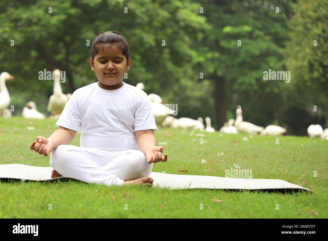 Un bambino che fa esercizi di yoga la mattina presto in un parco pubblico verde. Possiamo vedere le anatre in giro. Il bambino è consapevole della salute. Felice ragazza yoga. Foto Stock