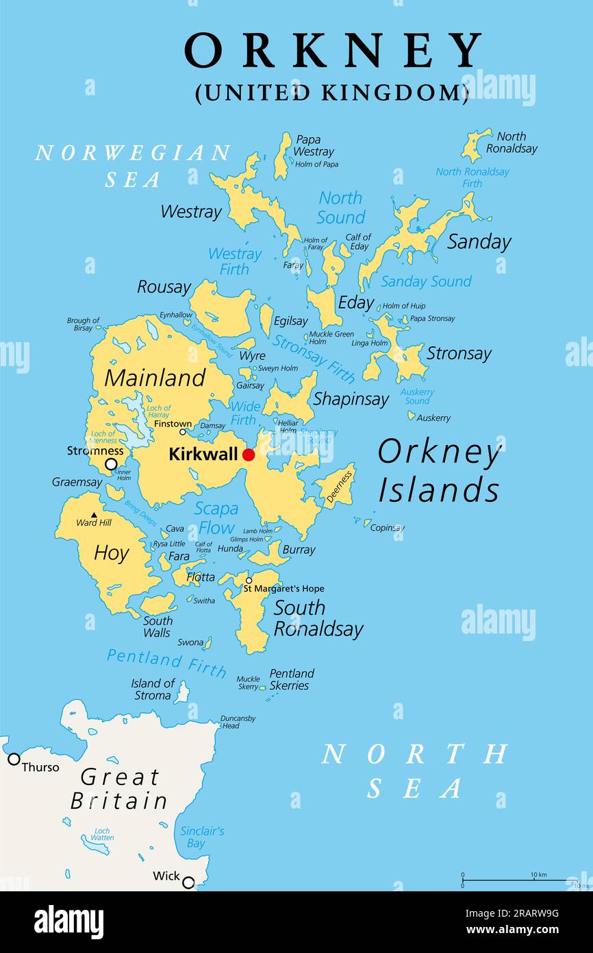Orcadi, o Isole Orcadi, mappa politica. Arcipelago delle Isole settentrionali della Scozia, situato al largo della costa dell'isola della Gran Bretagna. Foto Stock