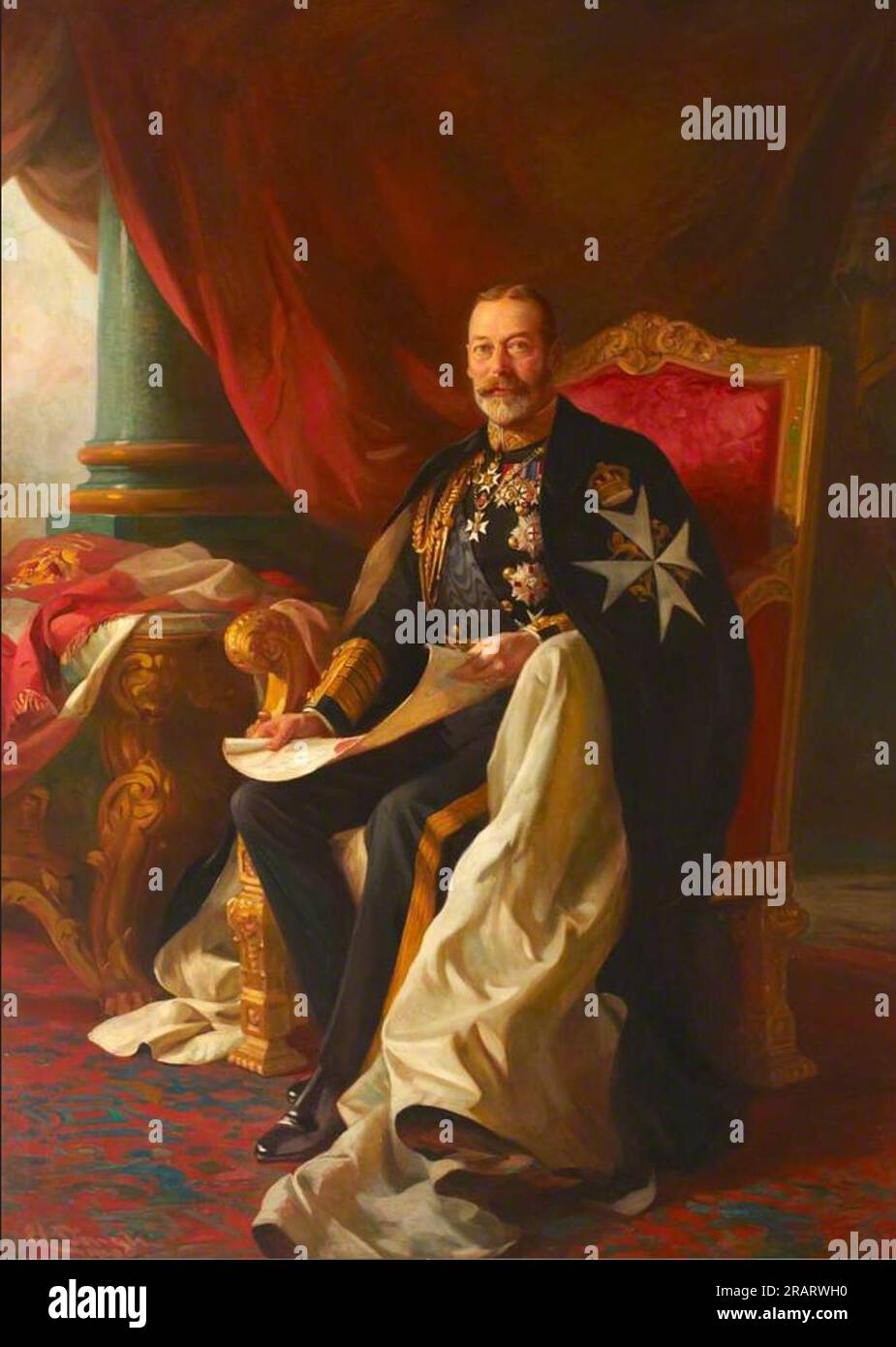 Questa è un'immagine di HM Re Giorgio V del Regno Unito. Viene mostrato con le sue vesti come capo sovrano del Venerabile dell'ospedale di San Giovanni di Gerusalemme. 1920 di Luke Fildes Foto Stock