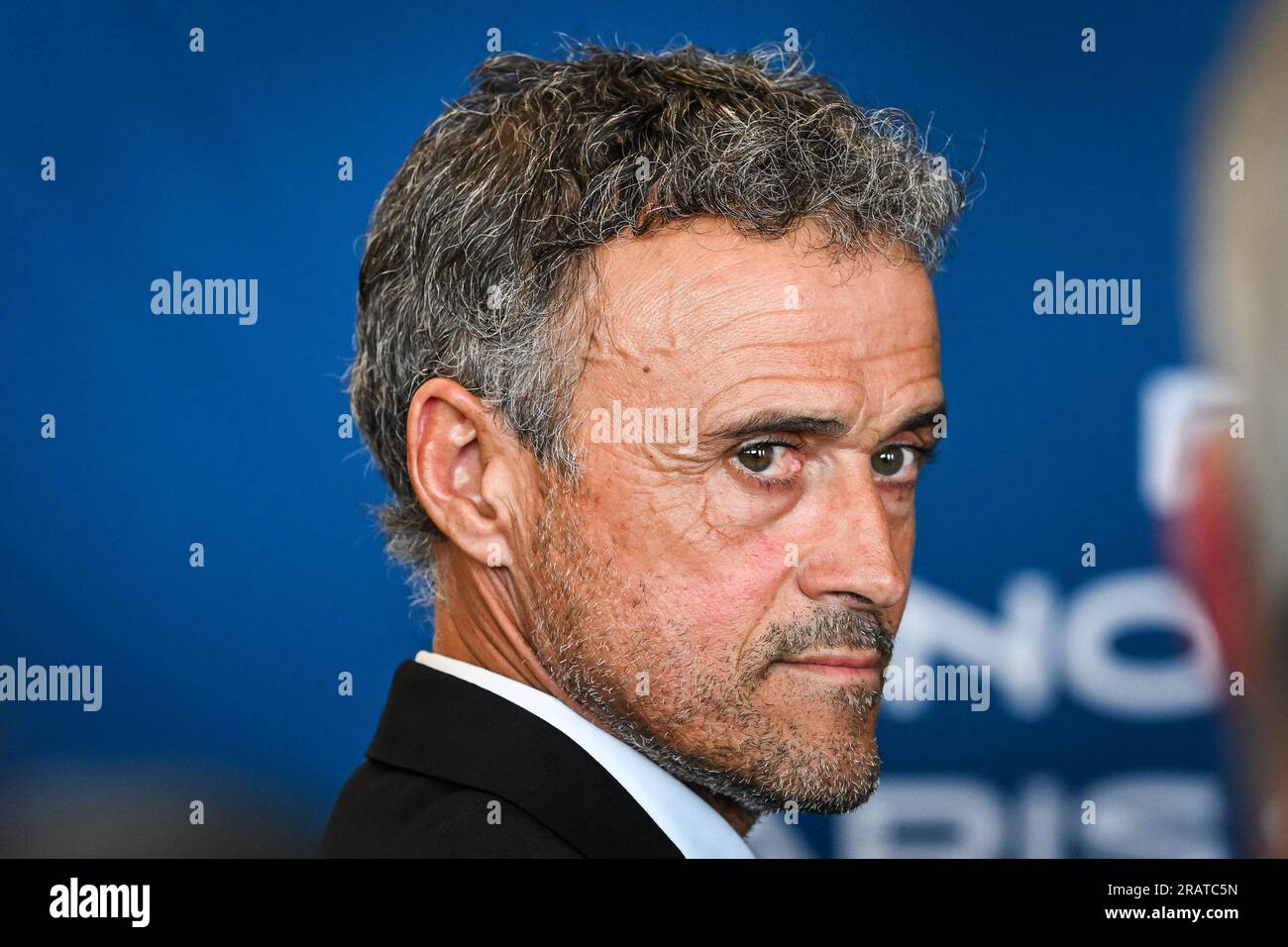 Poissy, Francia, Francia. 5 luglio 2023. Luis ENRIQUE durante la sua presentazione come nuovo allenatore del Paris Saint-Germain al Campus PSG il 5 luglio 2023 a Poissy, in Francia. (Immagine di credito: © Matthieu Mirville/ZUMA Press Wire) SOLO USO EDITORIALE! Non per USO commerciale! Foto Stock