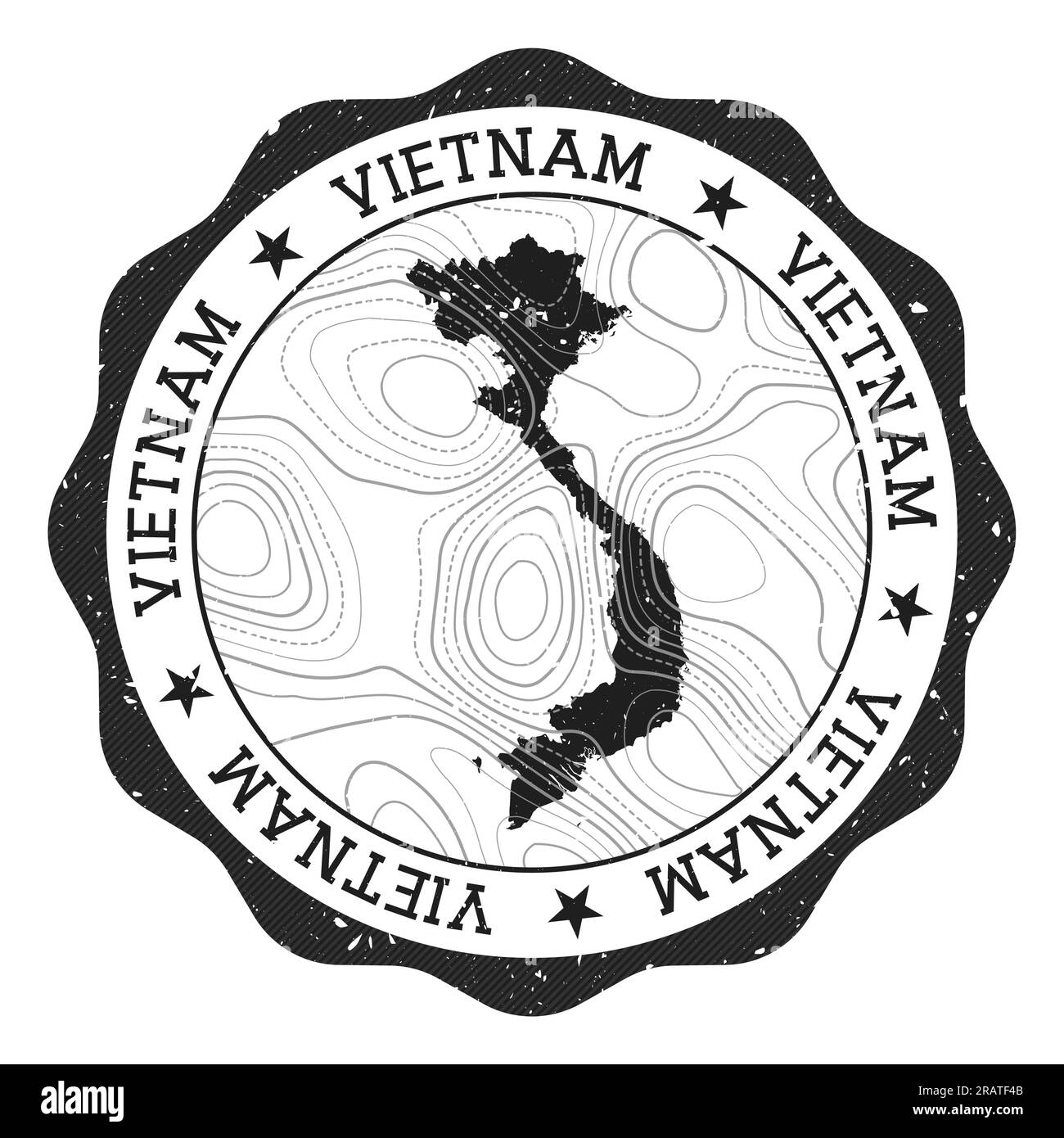 Francobollo all'aperto del Vietnam. Adesivo rotondo con mappa del paese con isoline topografiche. Illustrazione vettoriale. Illustrazione Vettoriale