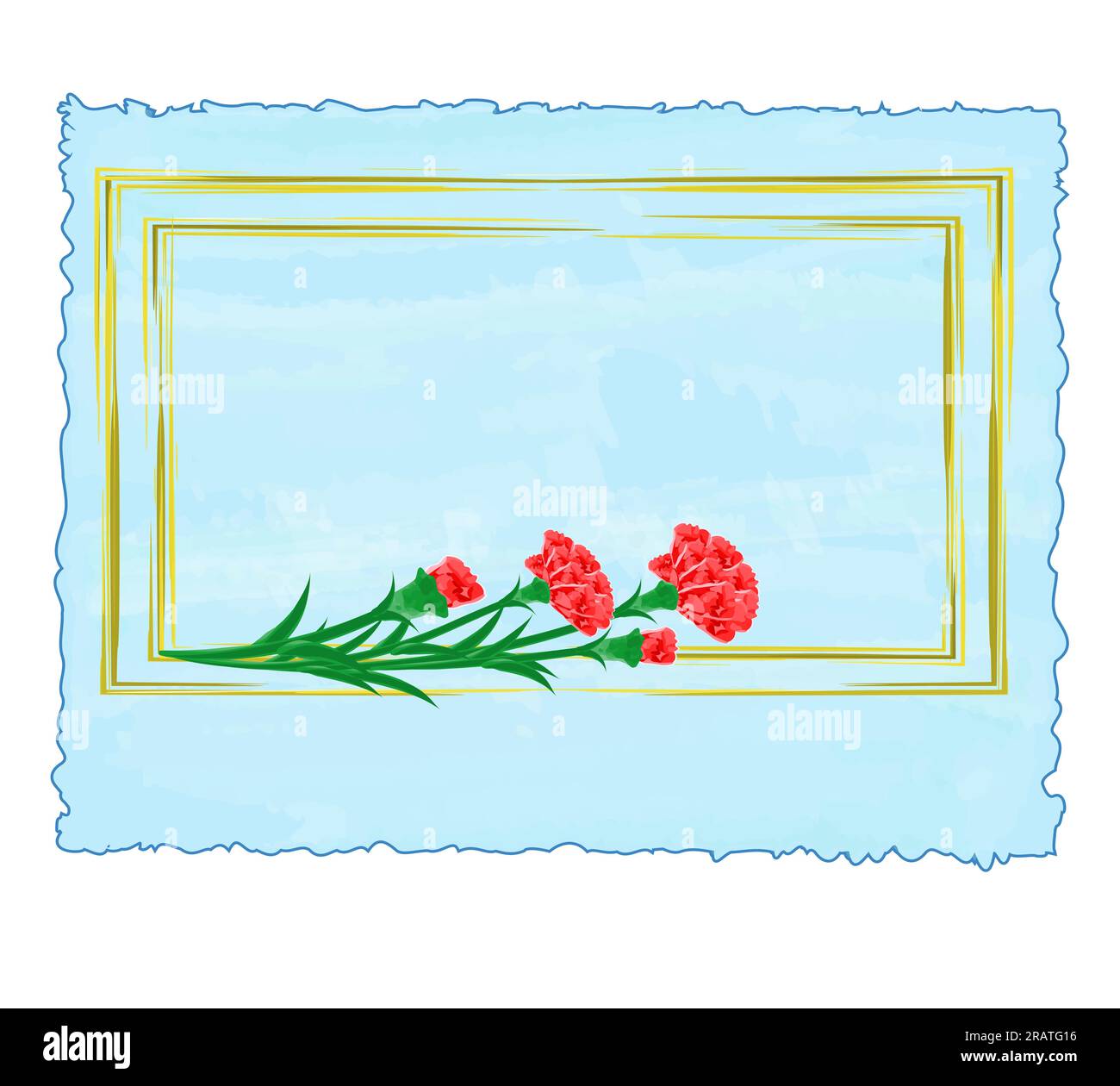 I garofani rossi coprono cornici dorate su sfondo blu cielo illustrazione ad acquerello per la Festa della Mamma, il giorno della Vittoria e lo spazio Copia biglietti di auguri. Vettore Illustrazione Vettoriale