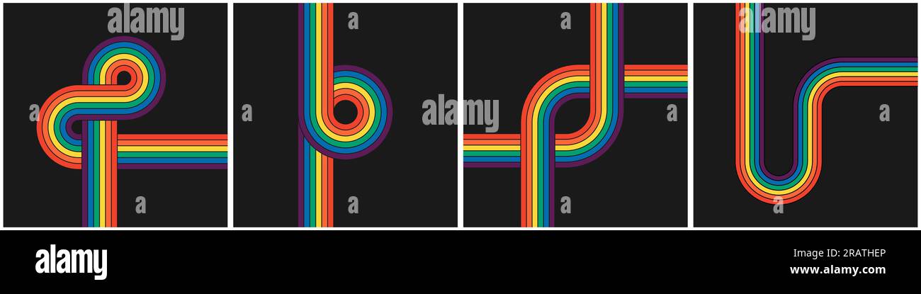 Set di poster quadrati a righe di colore arcobaleno con motivo retro. Collezione geometrica di arcobaleni hippie. Stile vintage hippy varie righe astratte e iridescenti. Copertine eps minimali y2k colorate e alla moda Illustrazione Vettoriale