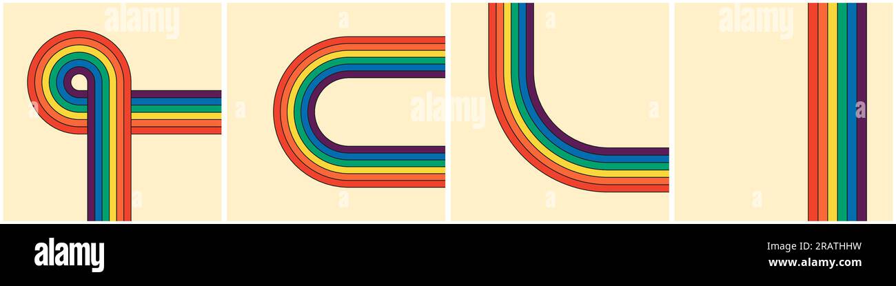 Poster quadrati a righe vintage arcobaleno. Lo stile rustico ricorda epoche passate. Percorsi geometrici dell'arcobaleno ispirati agli hippie. Le strisce iridescenti riflettono l'atmosfera retrò-hippy. Vari banner astratti Illustrazione Vettoriale