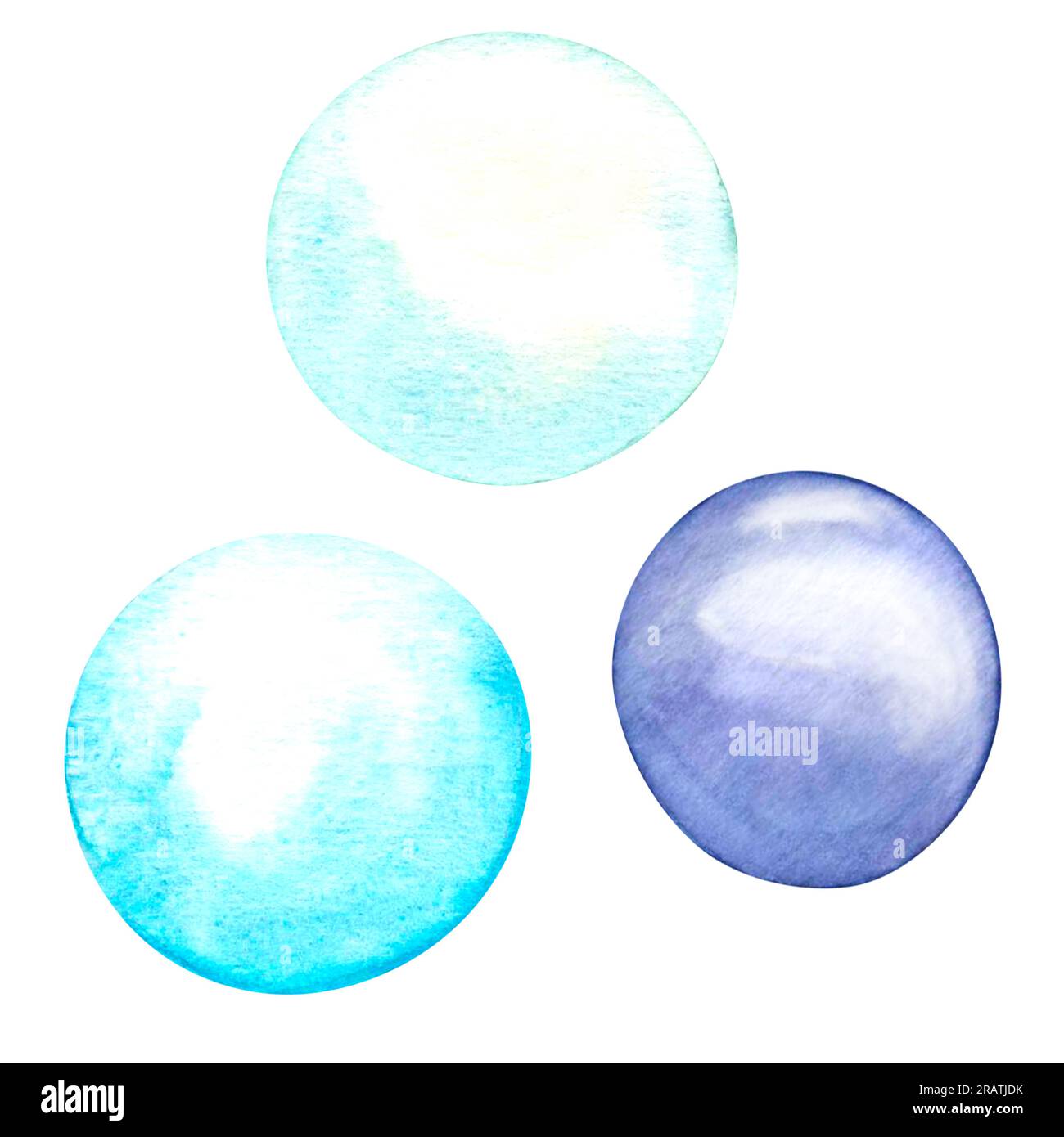 Acquerello bolle blu subacquee, diverse scintille d'aria in acqua, mare, acquario, oceano. Illustrazioni elementi isolati su sfondo bianco Foto Stock