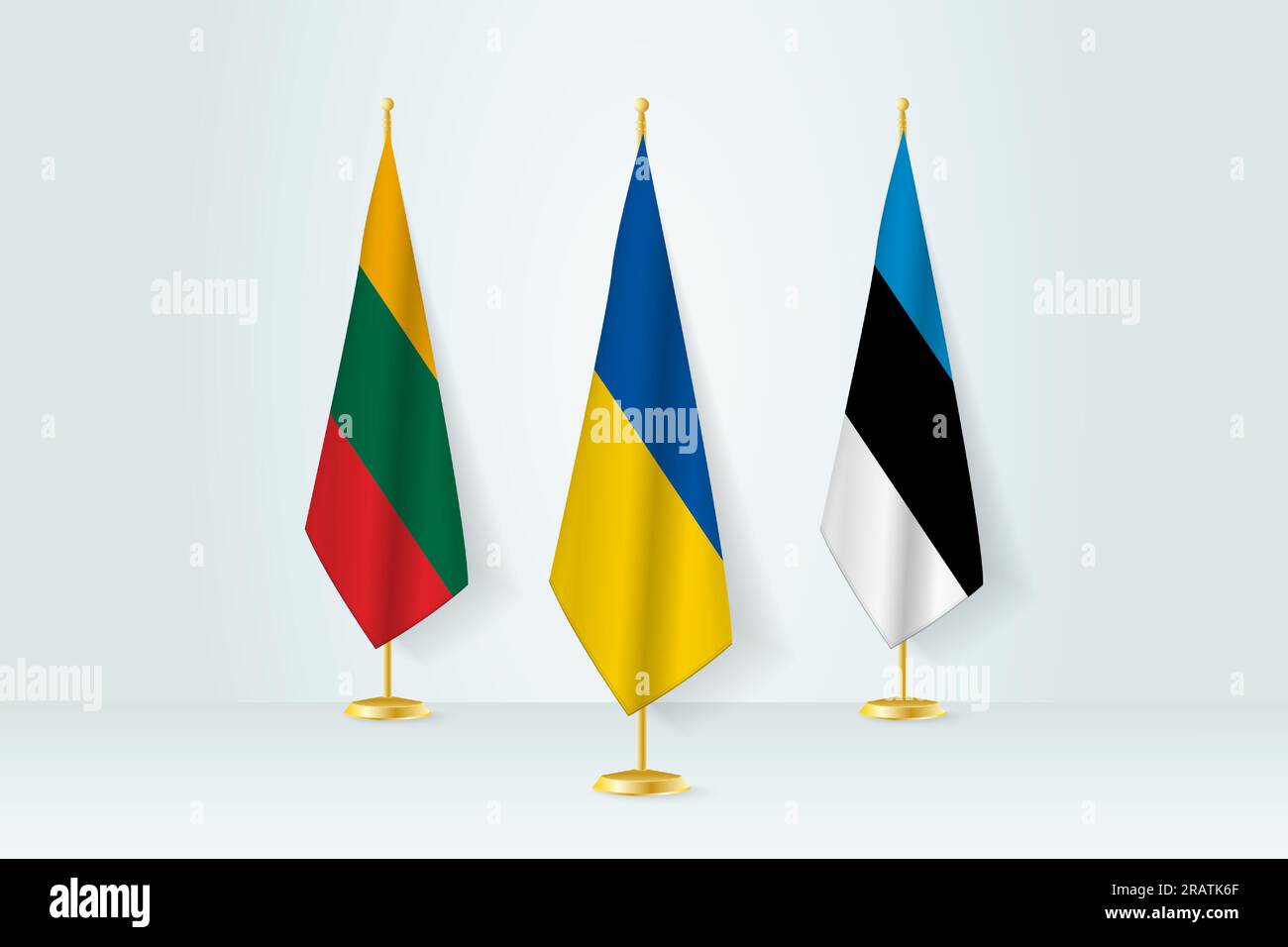 Concetto di incontro tra Ucraina, Lituania ed Estonia. Bandiere su un supporto per bandiere. Illustrazione Vettoriale