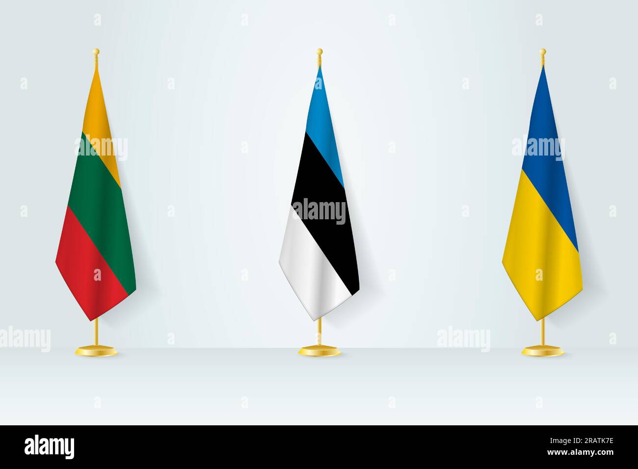 Riunione politica dei governi. Bandiere di Lituania, Estonia e Ucraina. Flag impostati. Illustrazione Vettoriale