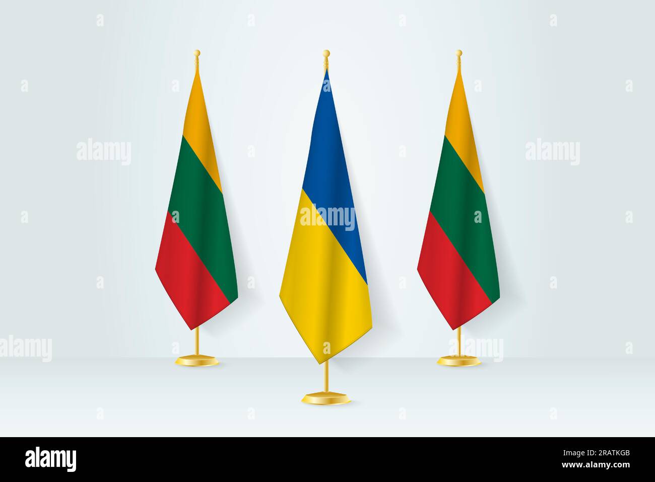 Concetto di incontro tra Ucraina e Lituania. Bandiere su un supporto per bandiere. Illustrazione Vettoriale