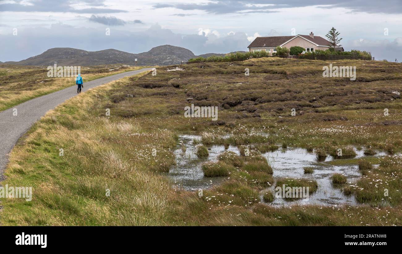 Walker su Single Track Road a Rough Bogland, Grimsay, Ebridi, Ebridi esterne, Western Isles, Scozia, Regno Unito, Gran Bretagna Foto Stock