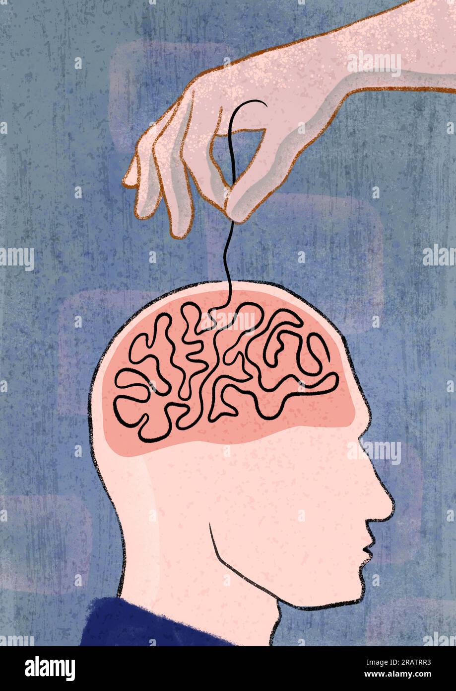 Filo aggrovigliato tirato da una mano, rivelando la complessità delle nostre menti. Illustrazione digitale. Foto Stock