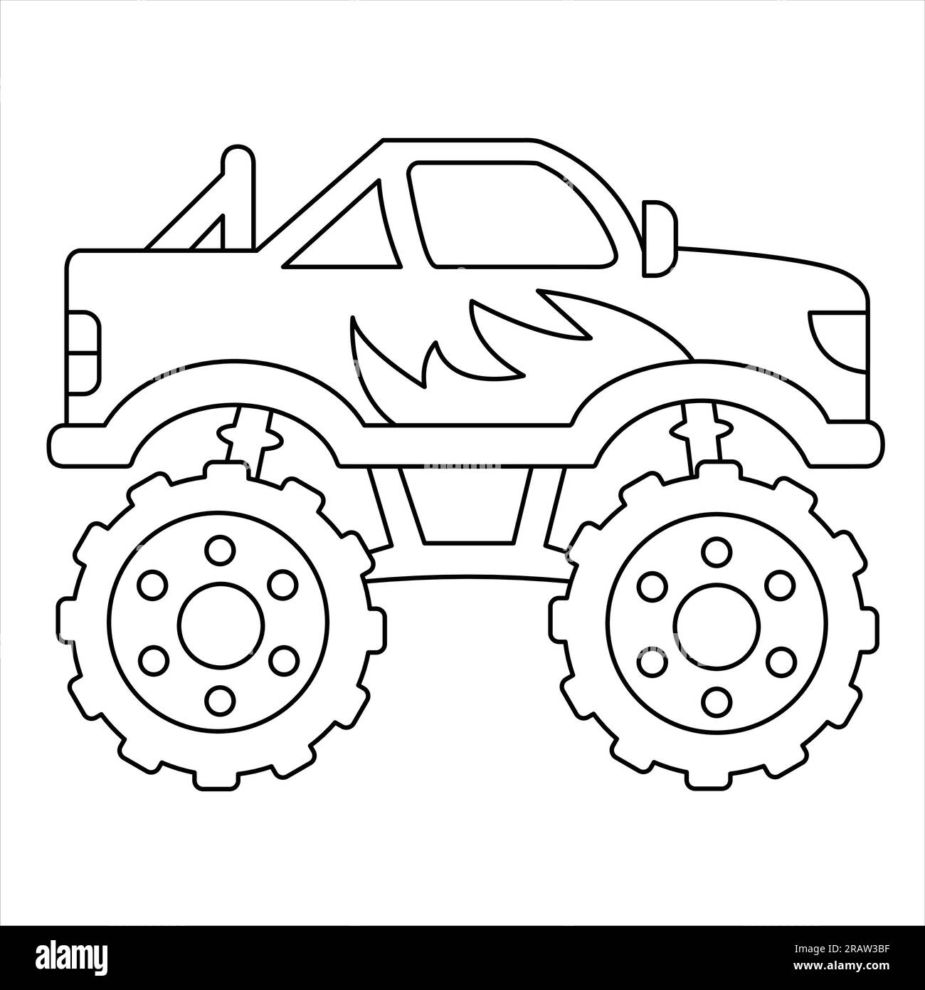 Pagina da colorare Monster Truck, struttura per attività per bambini, icona Vector veicolo fuoristrada. Cartoon Truck Illustrazione Vettoriale