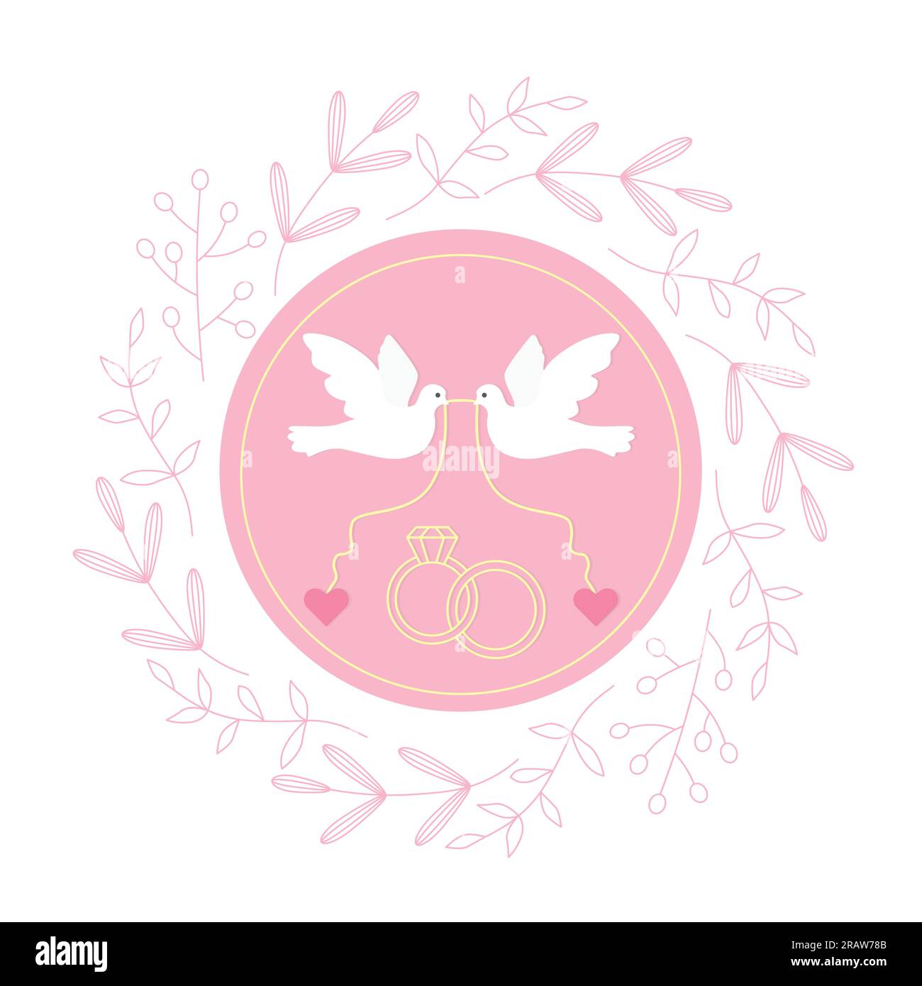 modello di invito al matrimonio con due colombe, anelli e illustrazione floreale a forma di corona vettoriale Illustrazione Vettoriale