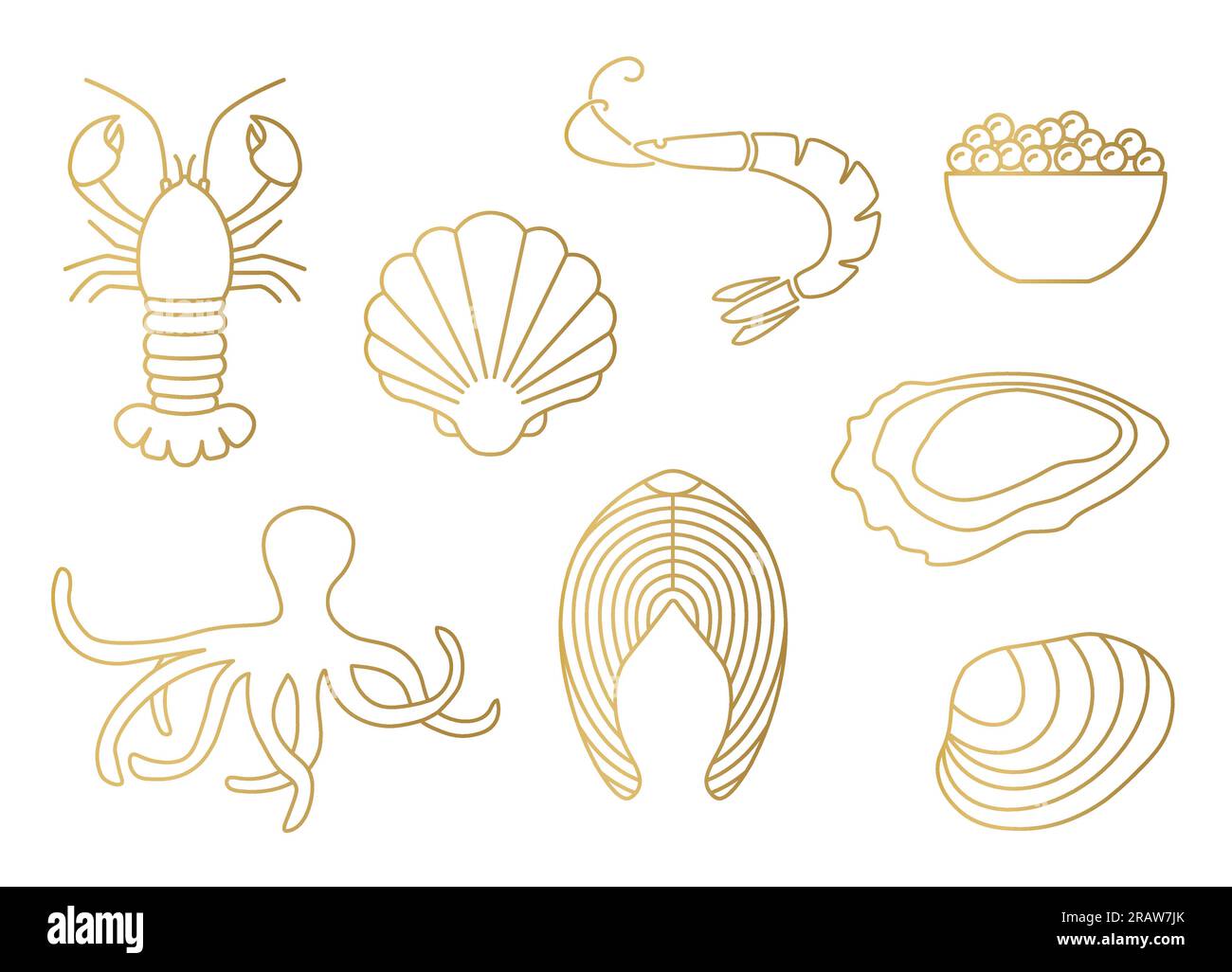 set di icone dorate a base di pesce: aragosta, vongole, gamberi, caviale, polpo, salmone, ostrica - illustrazione vettoriale Illustrazione Vettoriale