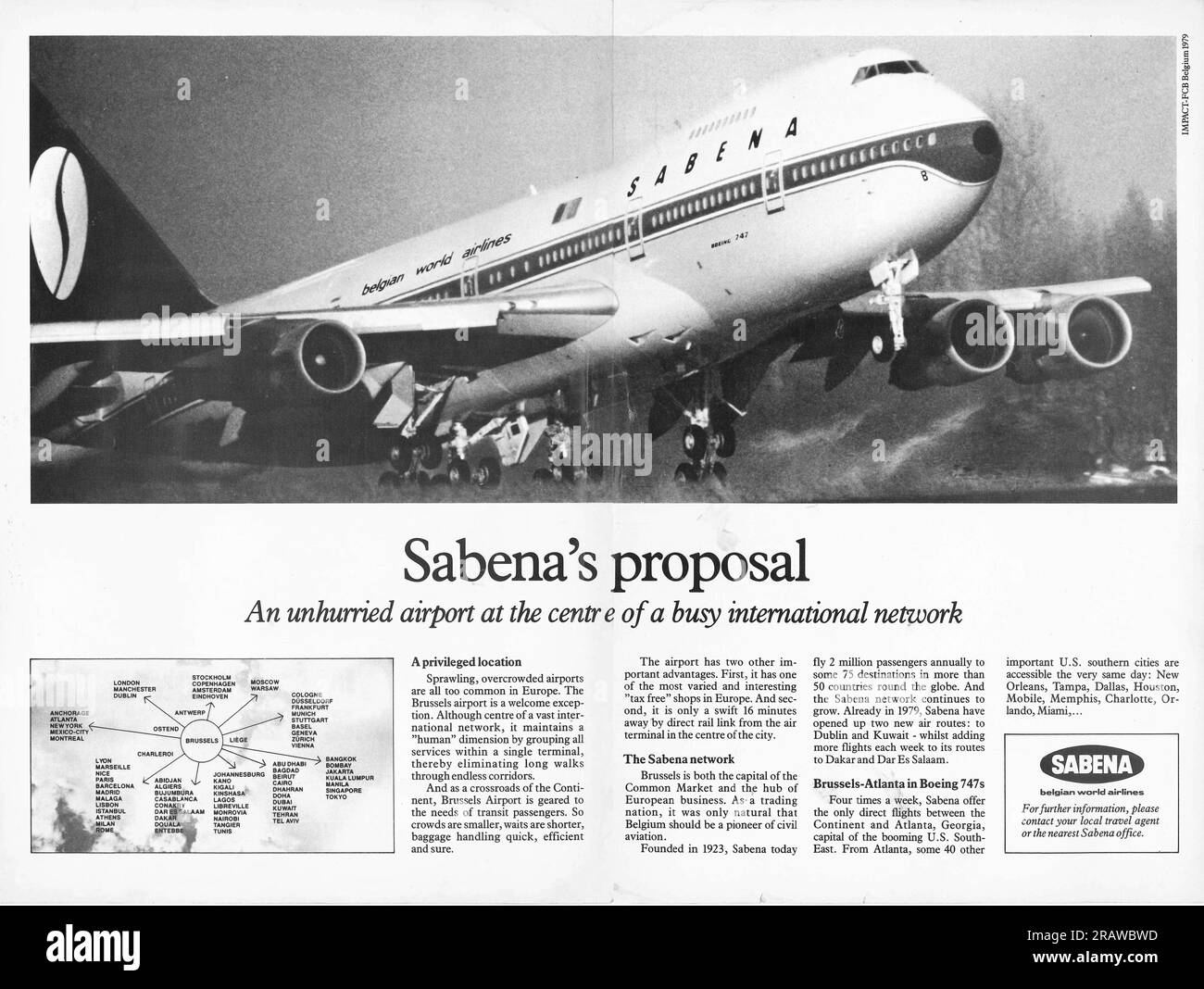 Sabena Belgian Airlines - pubblicità dell'aeroporto di Bruxelles su una rivista Natgeo 1979 Foto Stock