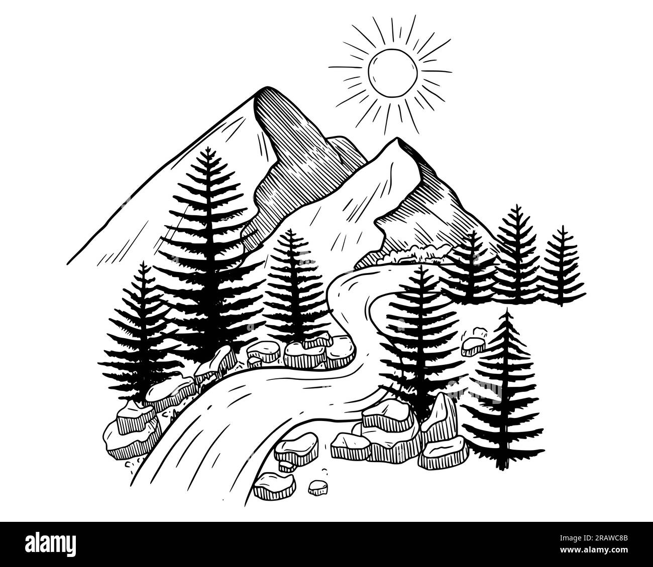 Paesaggio montano con abeti, fiumi e pietre. illustrazione del vettore di schizzo Illustrazione Vettoriale