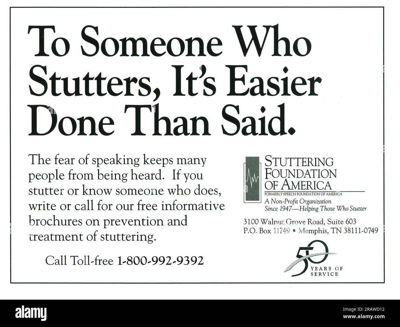 Pubblicità dell'organizzazione no-profit Stuttering Foundation of America in una rivista 1998 Foto Stock