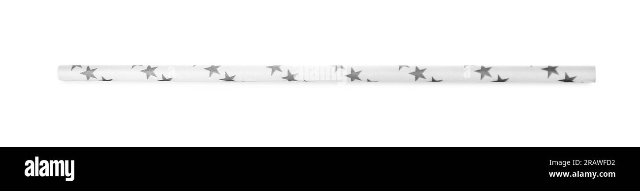 Una cannuccia di carta con stelle grigio chiaro per bere isolata su bianco Foto Stock Una cannuccia di carta con stelle grigio chiaro per bere isolata su bianco Foto Stock