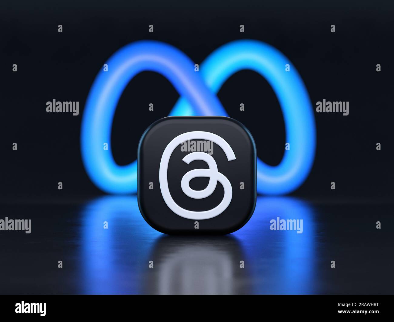 Valencia, Spagna - luglio 2023: Threads, un logo dell'app Instagram davanti al simbolo Meta sullo sfondo in rendering 3D. Threads è una nuova app per social media per Foto Stock