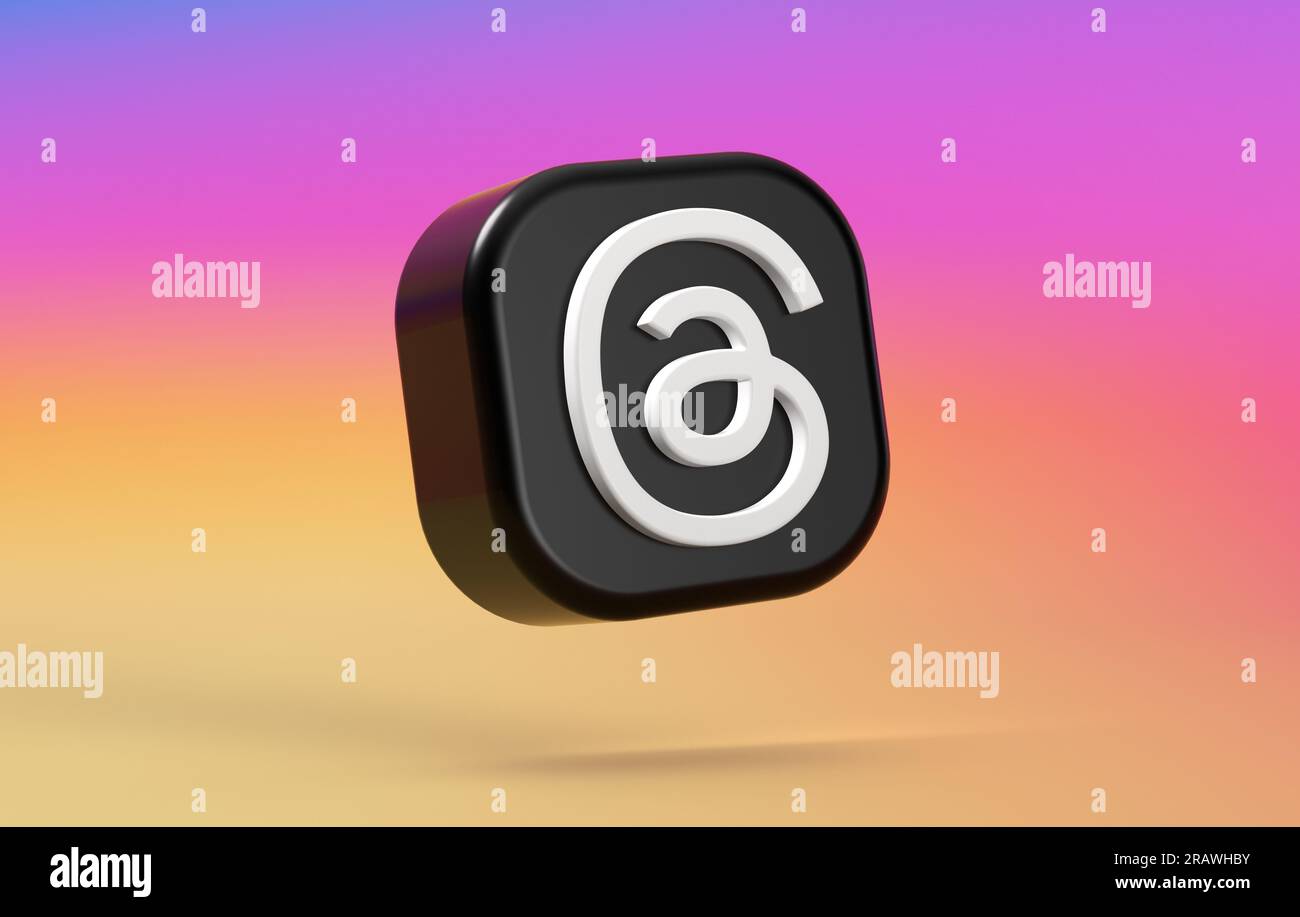 Valencia, Spagna - luglio 2023: Threads, un logo mobile dell'app Instagram su sfondo colorato sfumato in rendering 3D. Threads è un nuovo ap per social media Foto Stock