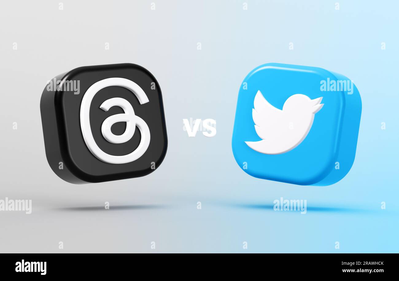 Valencia, Spagna - luglio 2023: Thread e icone dell'app Twitter in 3D. Threads è una nuova app di social media di Instagram e Meta fo Foto Stock