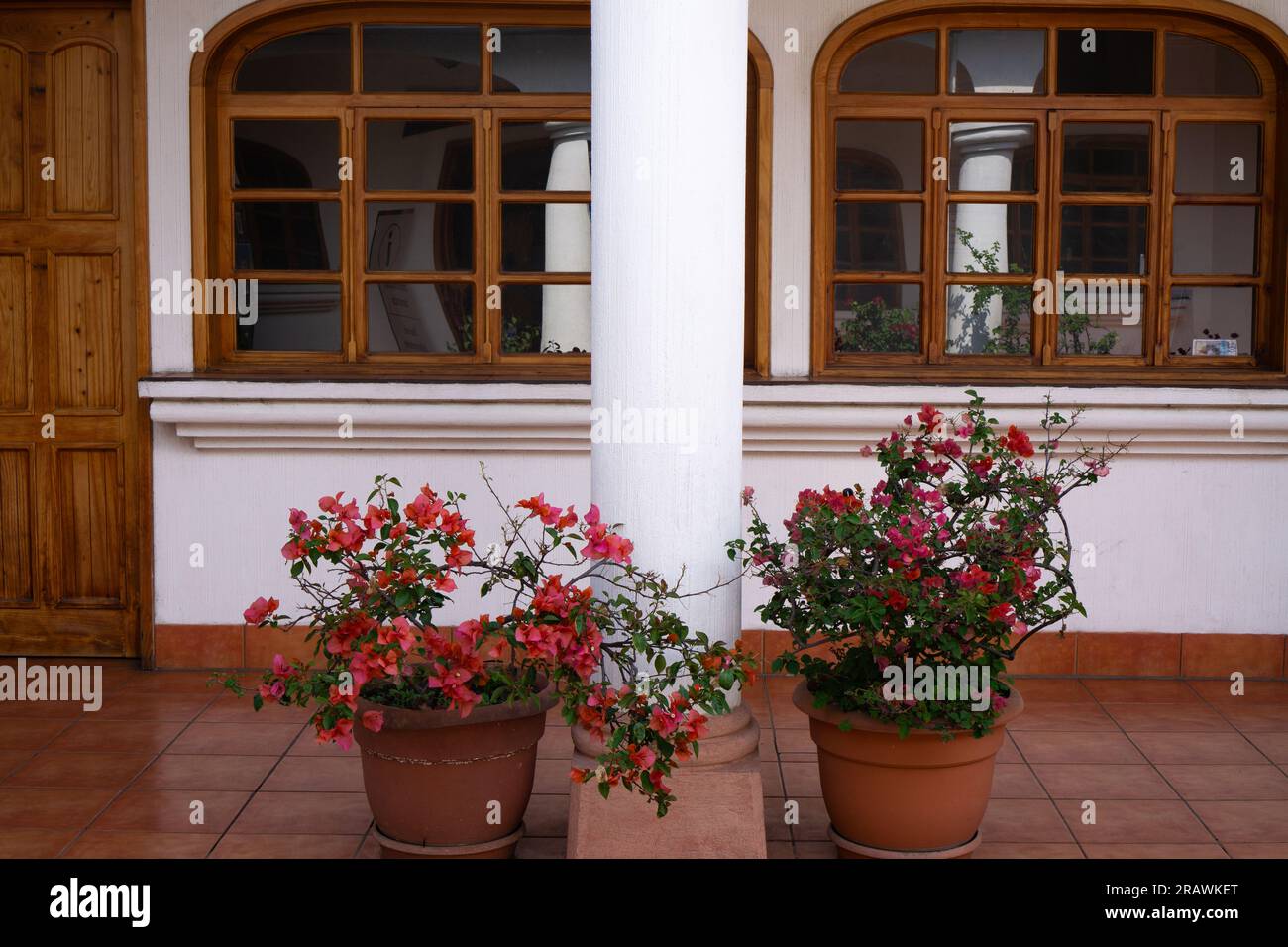Edificio esterno dall'aspetto vintage con finestre in legno e piantatrici in vaso con fiori rossi in fiore Foto Stock