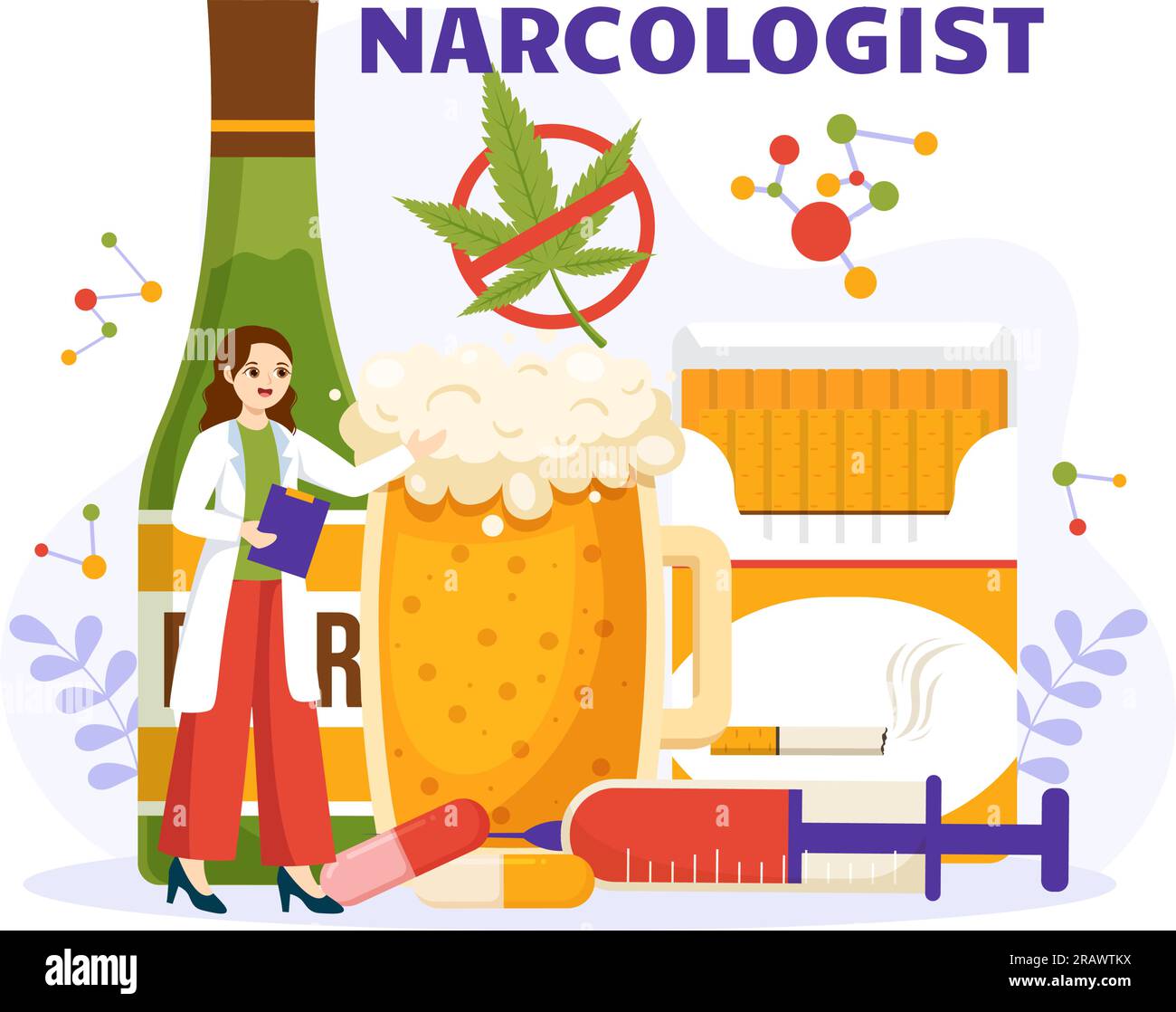Illustrazione vettore narcologo per la consapevolezza della tossicodipendenza, alcol e tabacco nel settore sanitario modelli di sfondo disegnati a mano per cartone animato piatto Illustrazione Vettoriale