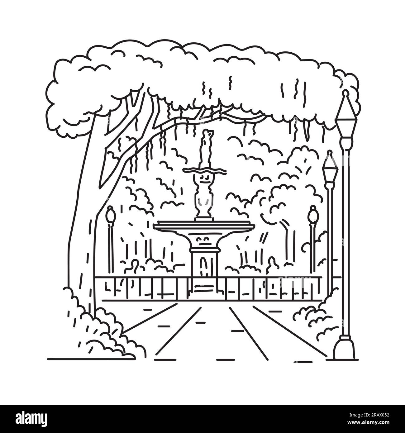 Illustrazione monolinea del Forsyth Park o del Military Parade Ground nel quartiere storico di Savannah, Georgia, negli Stati Uniti d'America Foto Stock