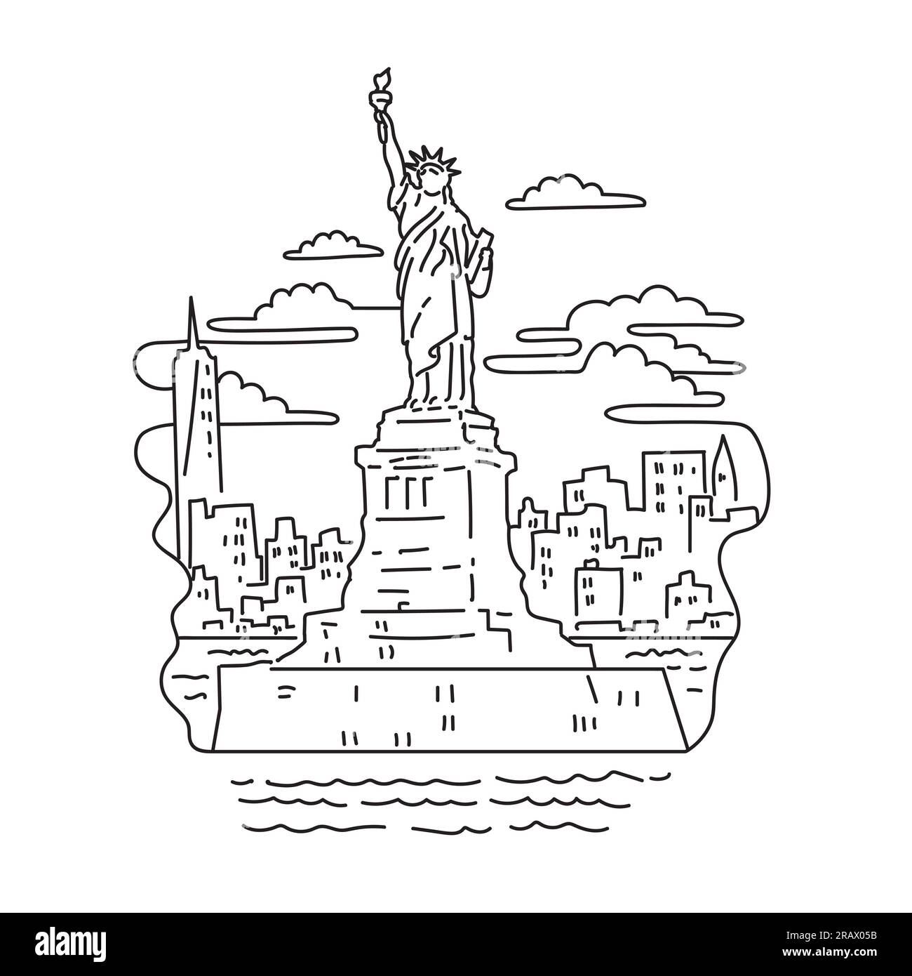 Illustrazione monolinea della Statua della libertà con skyline di New York City su Liberty Island nel porto di New York negli Stati Uniti d'America USA Do Foto Stock