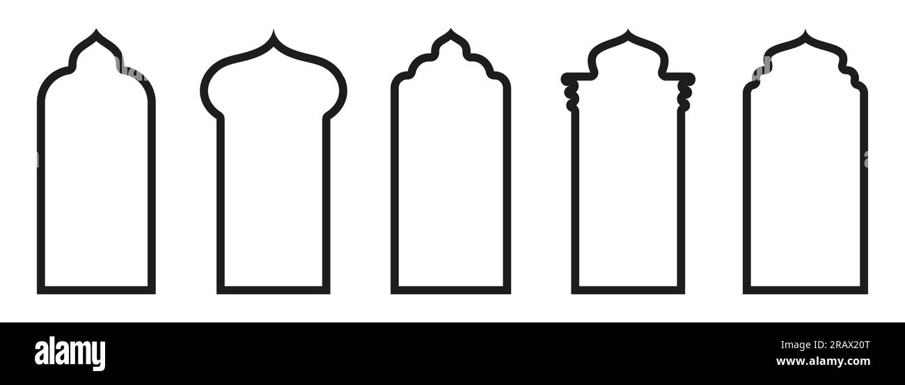 Forma islamica porta e finestra silhouette arco arabo. Collezione di motivi in stile orientale. Cornici in design arabo musulmano per Ramadan Kareem Illustrazione Vettoriale