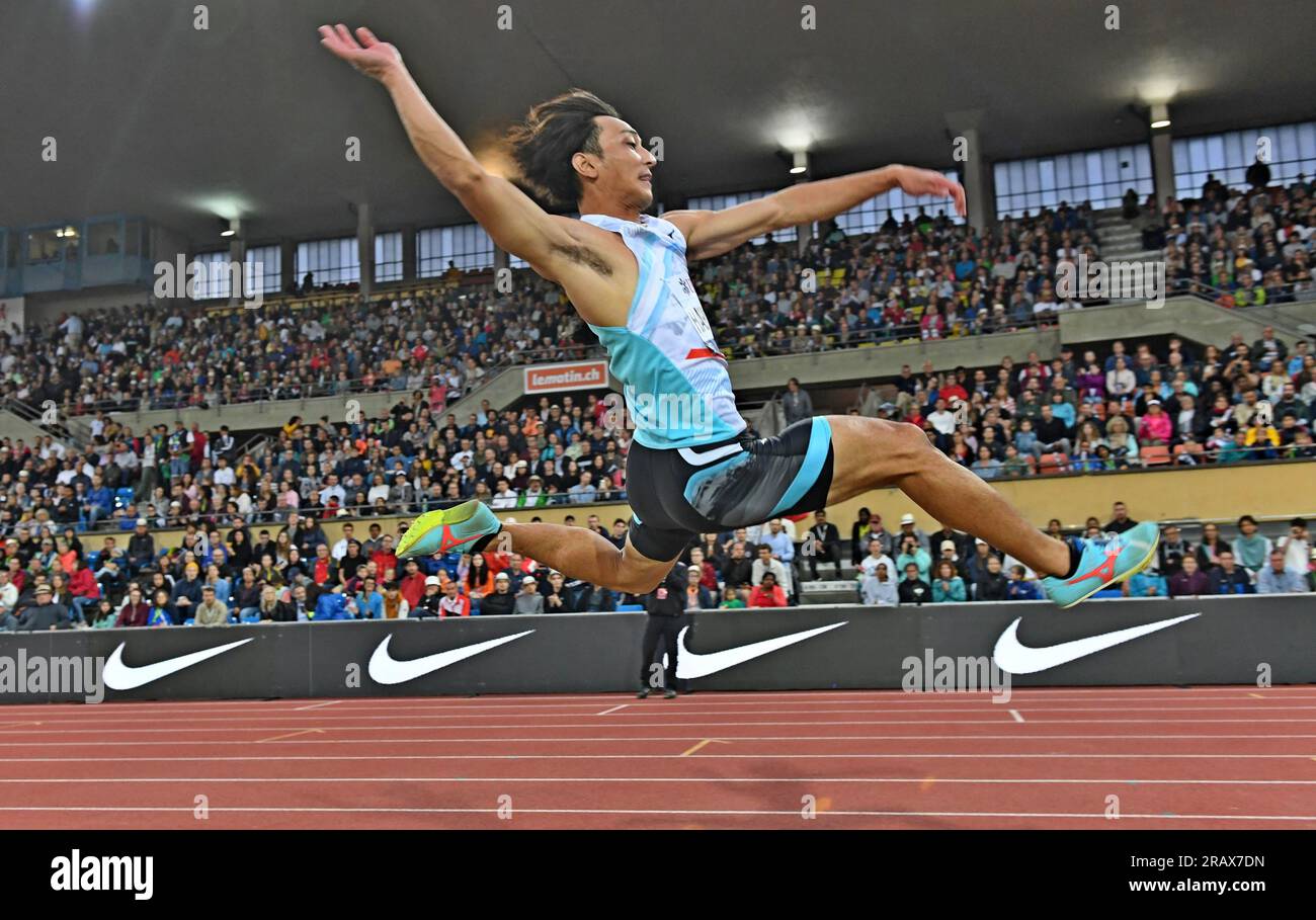 Yuki Hashioka (JPN) si piazza terzo nel salto lungo alle 26-2 1/4 (7,98 m) durante l'Athletiissima, venerdì 30 giugno 2023, a Losanna, Svizzera. (Jiro Mochizuki/immagine dello sport) Foto Stock