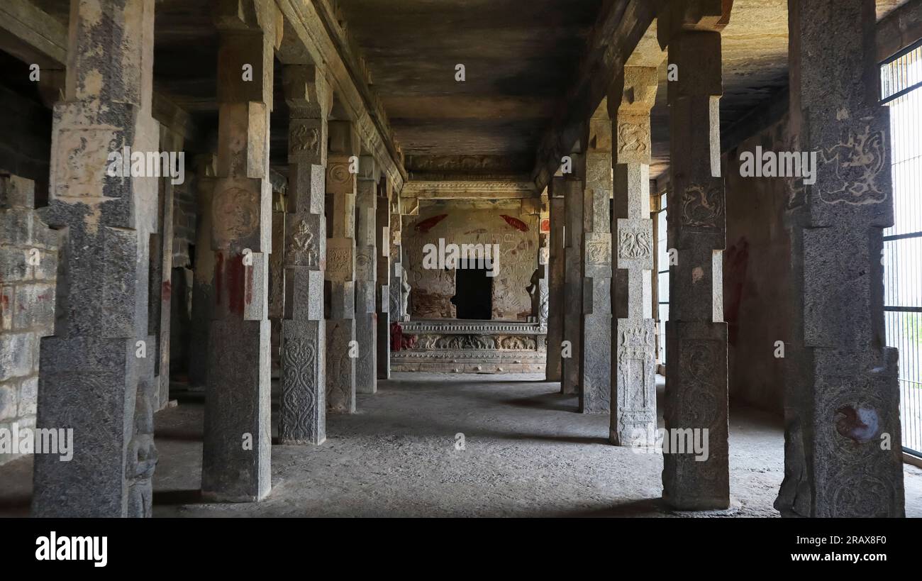 Pilastri scolpiti di Mandapa sulla cima del forte di Gingee o del forte Senji, Gingee, Villupuram, Tamilnadu, India. Foto Stock