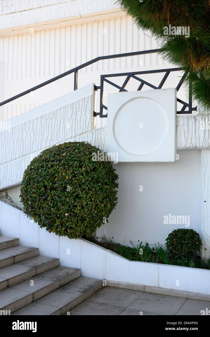 Un grande cespuglio a forma di palla in un motivo geometrico di scale chiare e ringhiere scure Foto Stock