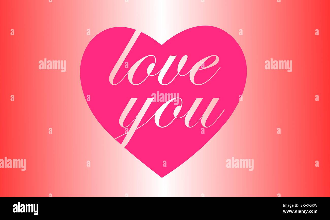 I messaggi ti amano a forma di cuore, mostrando amore e passione. Cuore rosa con testo su sfondo rosso lucido. Foto Stock
