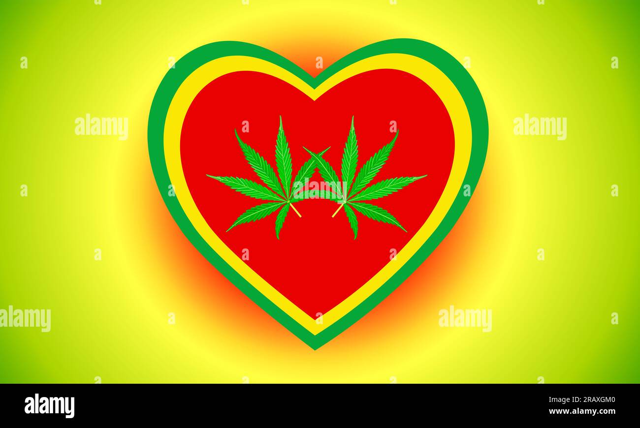 Affascinato dall'illustrazione di marijuana di linea cuore con una foglia di marijuana. Illustrazione a cuore di foglia di cannabis con icona concettuale. Foto Stock