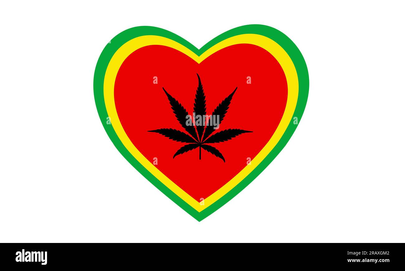 Affascinato dall'illustrazione della marijuana di erboristeria icona delle piante aromatiche. Sagome vettoriali di foglia di cannabis a forma di cuore verde, giallo, rosso. Foto Stock
