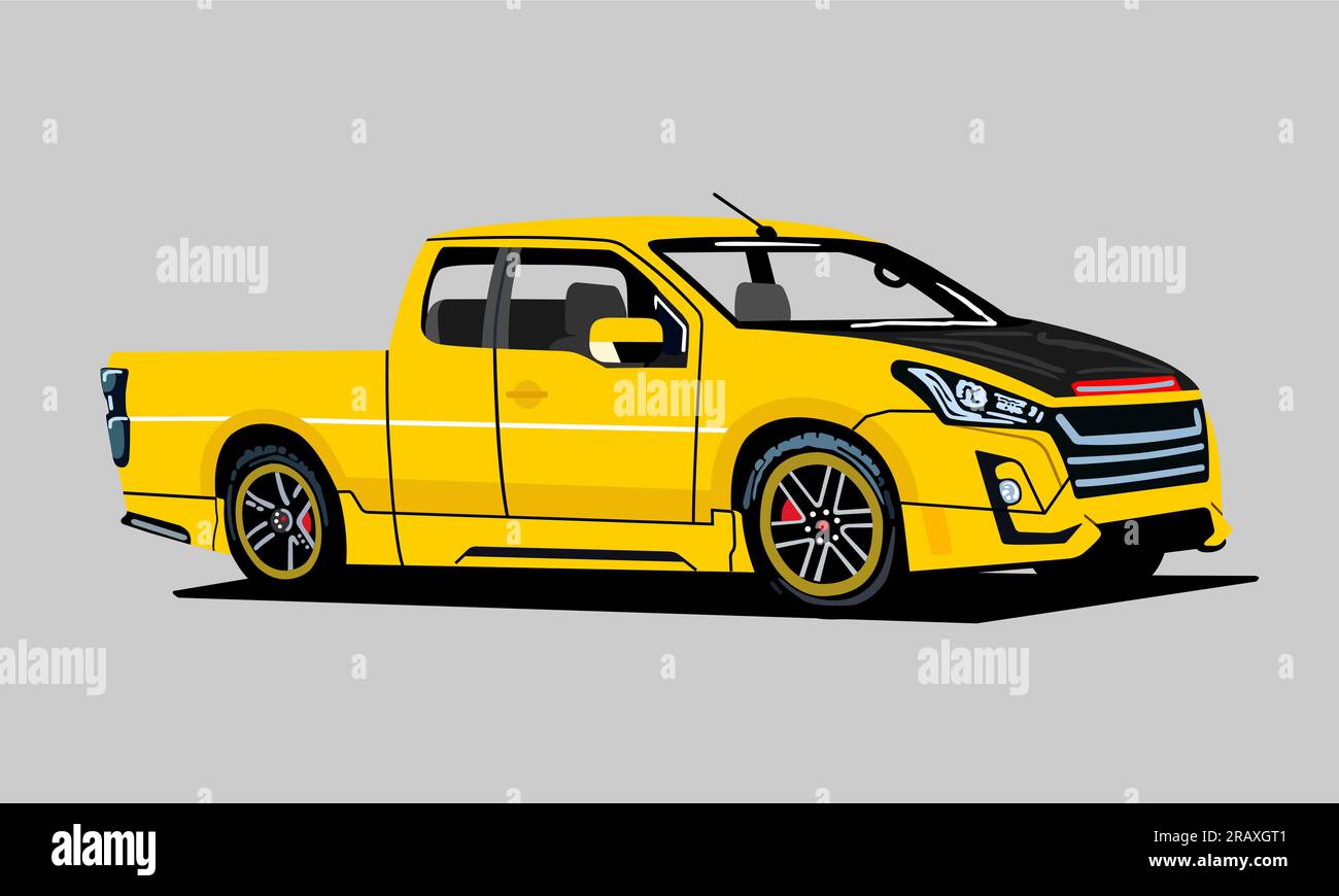 Pick-up giallo con vista anteriore e laterale, design piatto, illustrazione vettoriale. Foto Stock