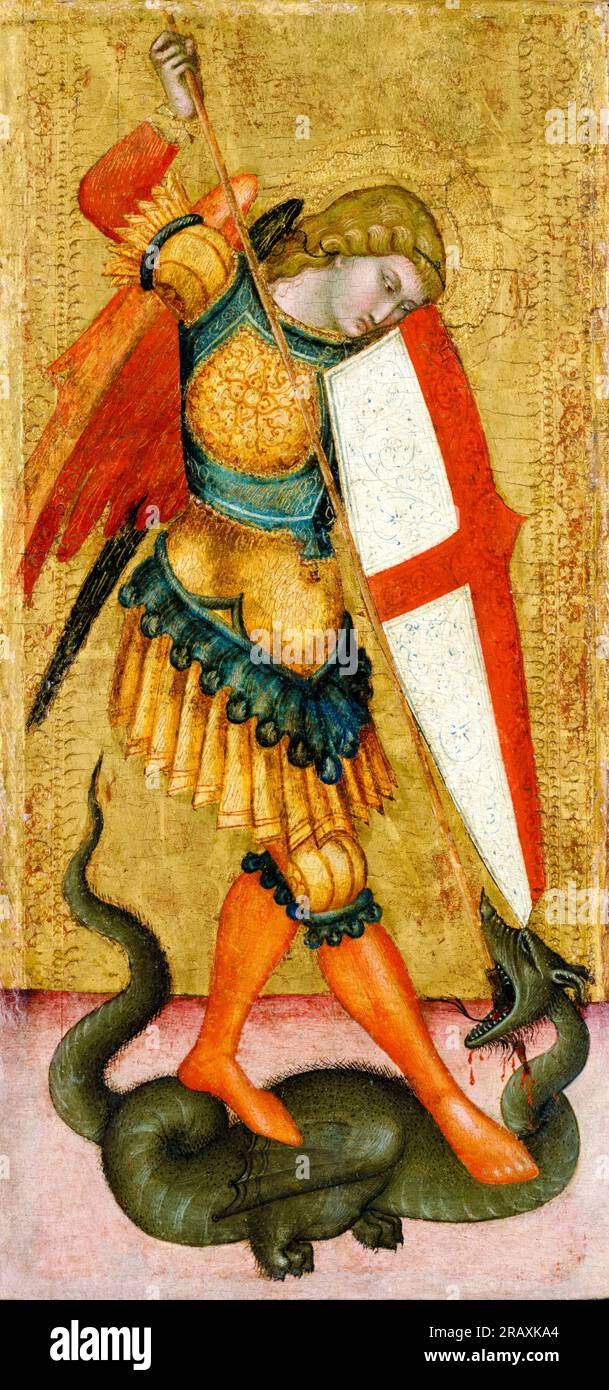 San Michele e il Drago, dipinto a tempera su tavola di un artista della scuola senese del XIV secolo, 1301-1399 Foto Stock