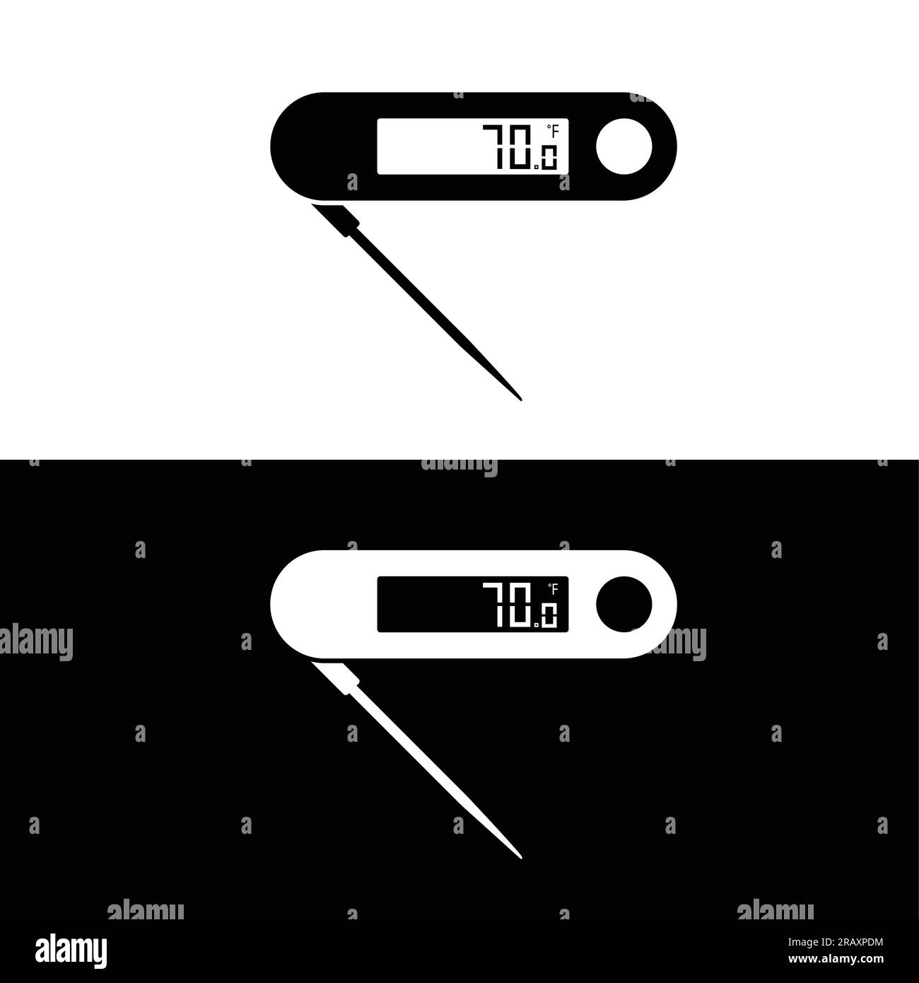 Termometro per carne a silhouette piatta Vector. Icona degli utensili da cucina silhouette. Set di simboli in bianco e nero per il concetto di cucina. Gadget da cucina, attrezzi Illustrazione Vettoriale