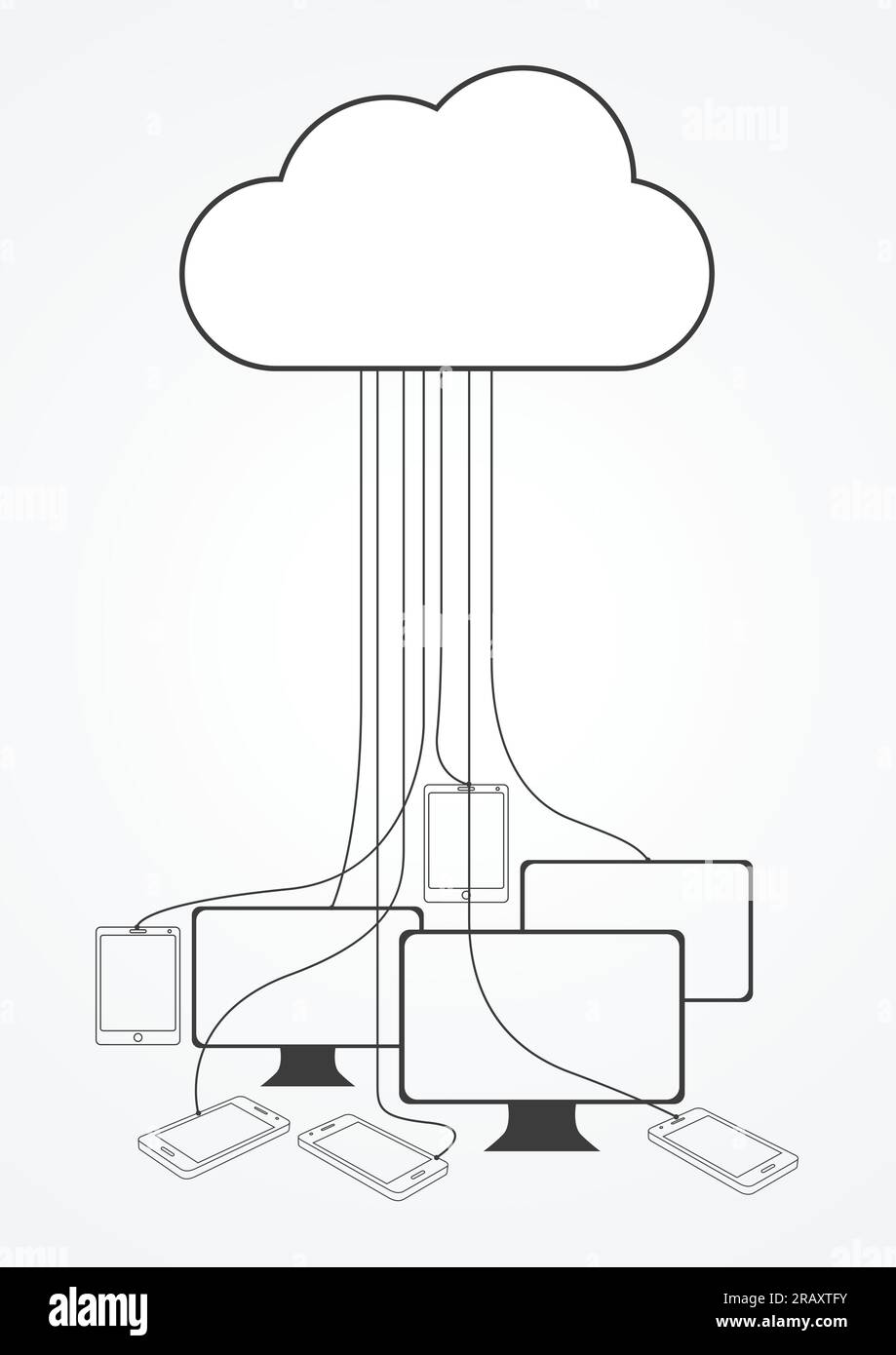 Semplice grafica dello storage cloud, concetto di servizi dati con dispositivi connessi Illustrazione Vettoriale