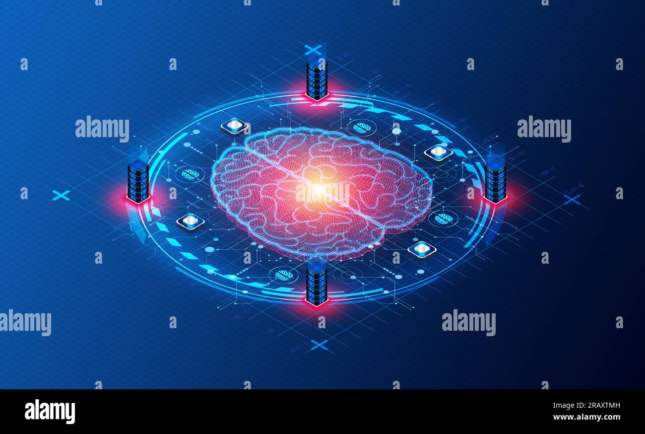 Concetto di server AI - Server con il compito di operare come piattaforme di riferimento ai dedicate per applicazioni di intelligenza artificiale - illustrazione 3D. Foto Stock