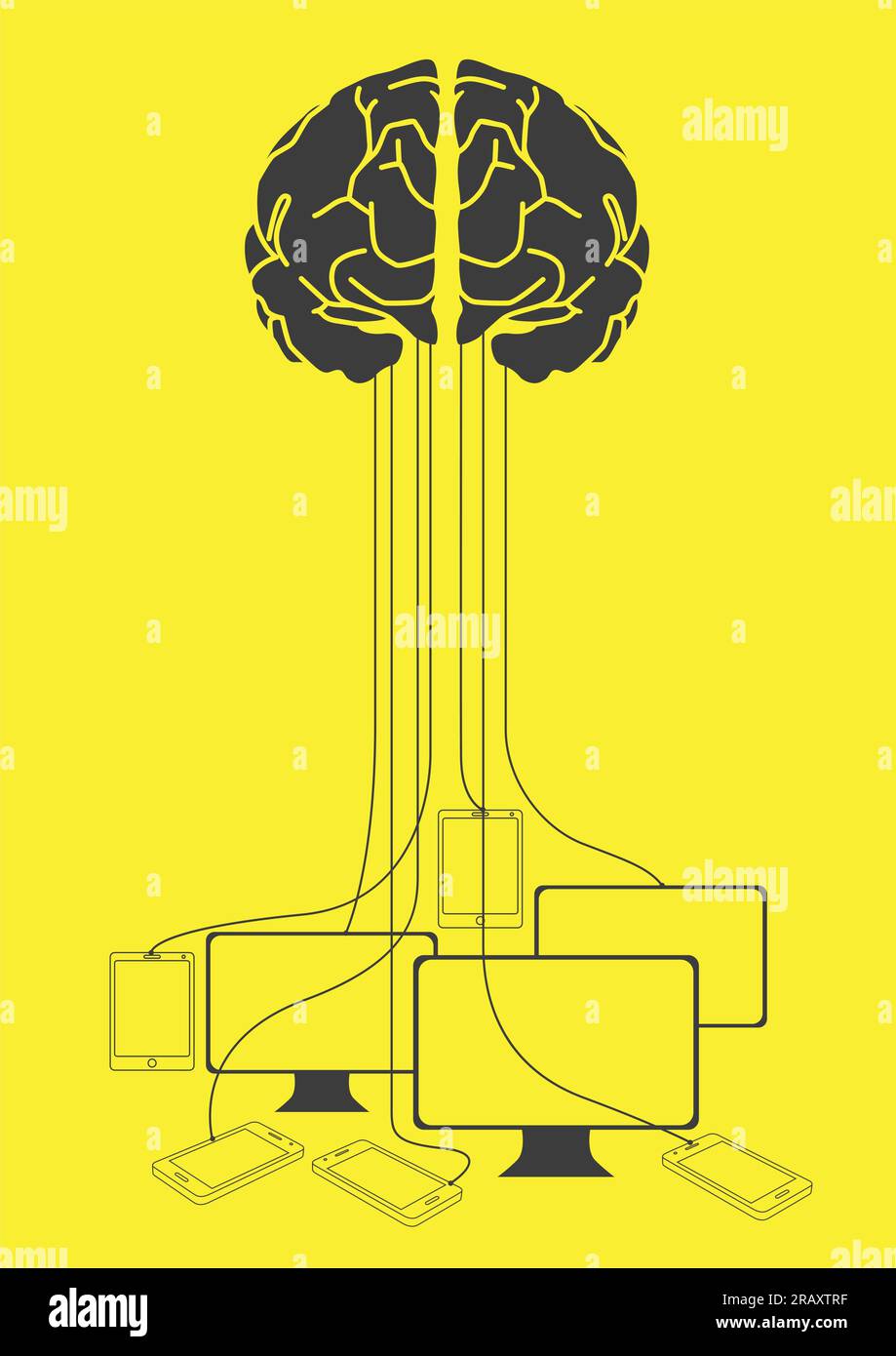 Illustrazione grafica del filo cerebrale umano collegato a dispositivi elettronici Illustrazione Vettoriale