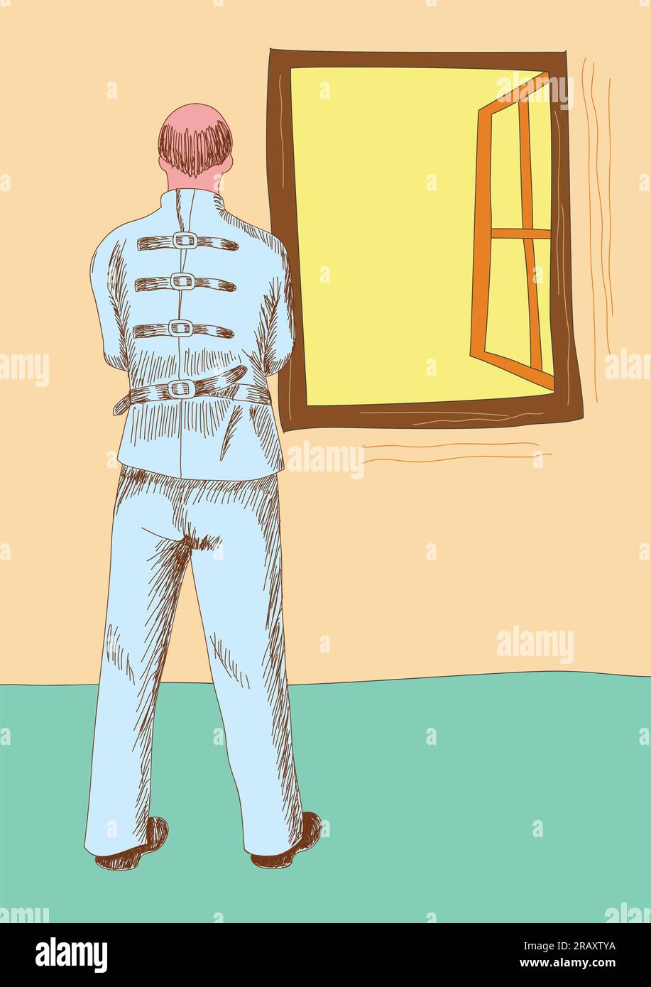 Illustrazione grafica di un uomo malato che indossa una giacca a cannucio che guarda fuori attraverso la finestra Illustrazione Vettoriale