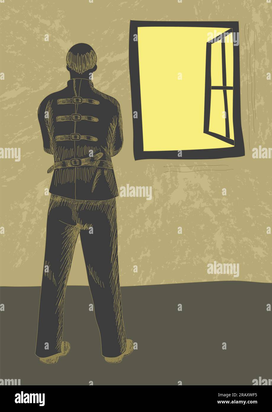 Illustrazione in stile arte retro di un uomo malato che indossa una giacca a cannucale che guarda fuori attraverso la finestra Illustrazione Vettoriale