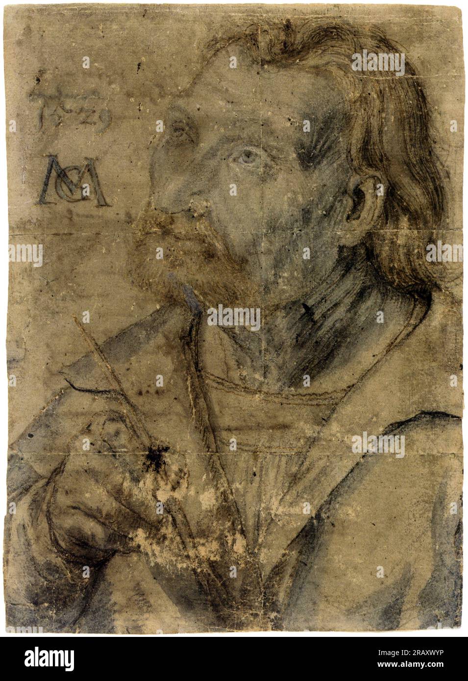 Giovanni Apostolo (Ritratto di mezza lunghezza di un uomo con un Pinfeather che guarda in alto) 1516 di Matthias Grünewald Foto Stock