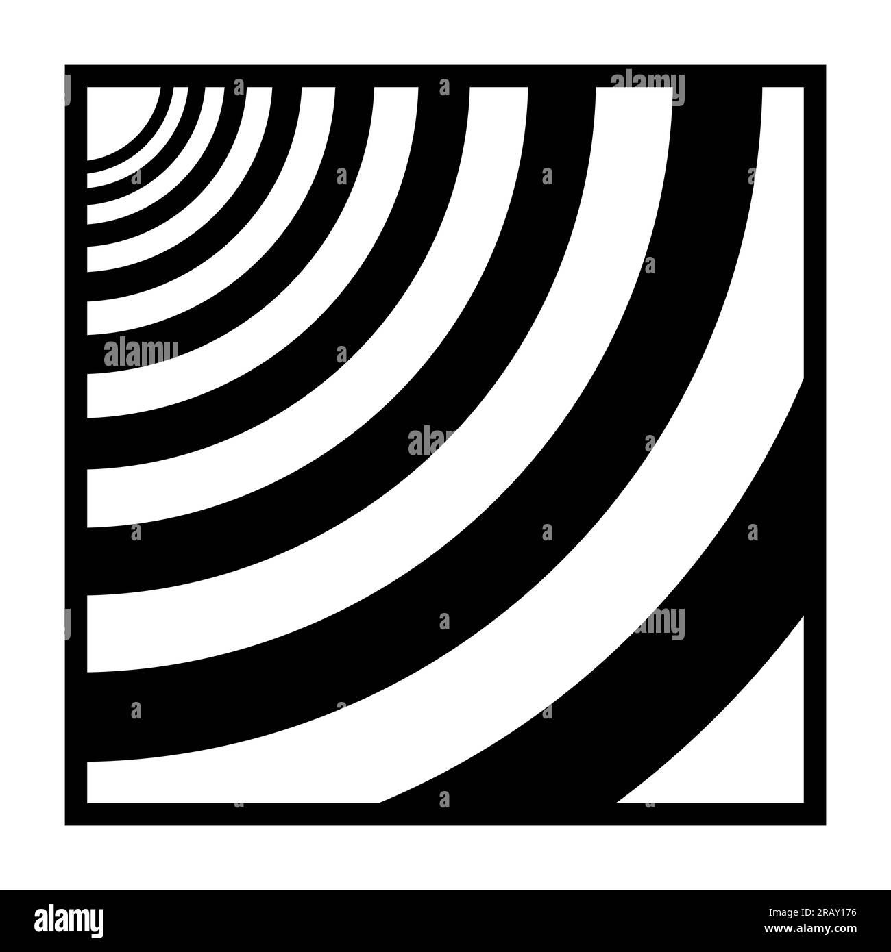 Nove segmenti circolari in un quadrato, simile a un'onda radio. I segmenti aumentano del fattore 1,32 per dimensione e spessore e da sinistra a destra. Foto Stock