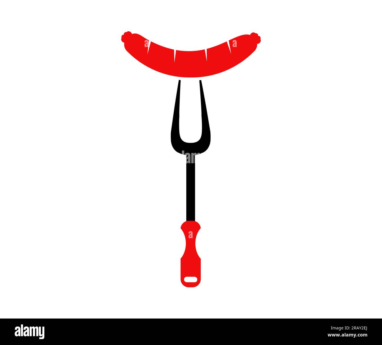 Salsiccia grigliata con design icona a forma di forchetta per barbecue. Salsiccia su forchetta per barbecue segnaletica isolata su sfondo bianco disegno vettoriale e illustrazione. Illustrazione Vettoriale